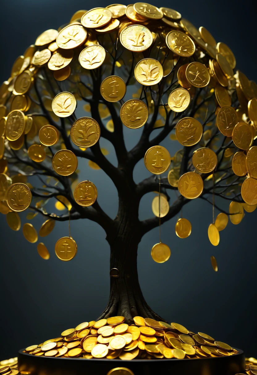coin tree，The crown is filled with gold coins，only gold coins，魔法coin tree，神奇coin tree，Incredible， Surreal, Crazy, Whimsical, Epic magpic gold coin fantasy