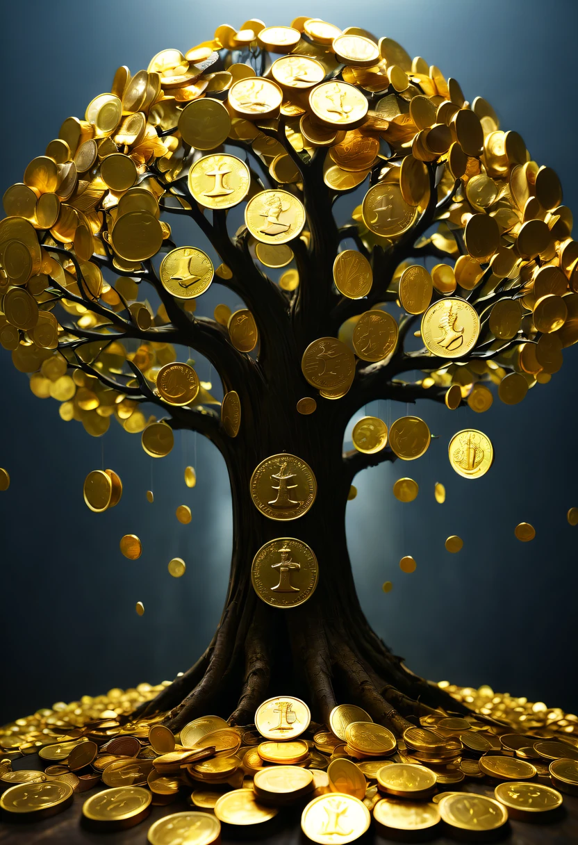 coin tree，The crown is a gold coin，魔法coin tree，神奇coin tree，Incredible， Surreal, Crazy, Whimsical, Epic magpic gold coin fantasy