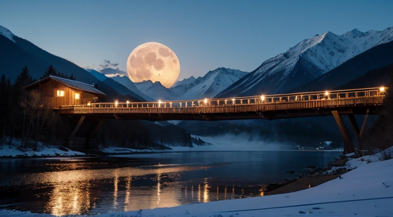 natta,Big moon,A long wooden suspension bridge spans the mountains