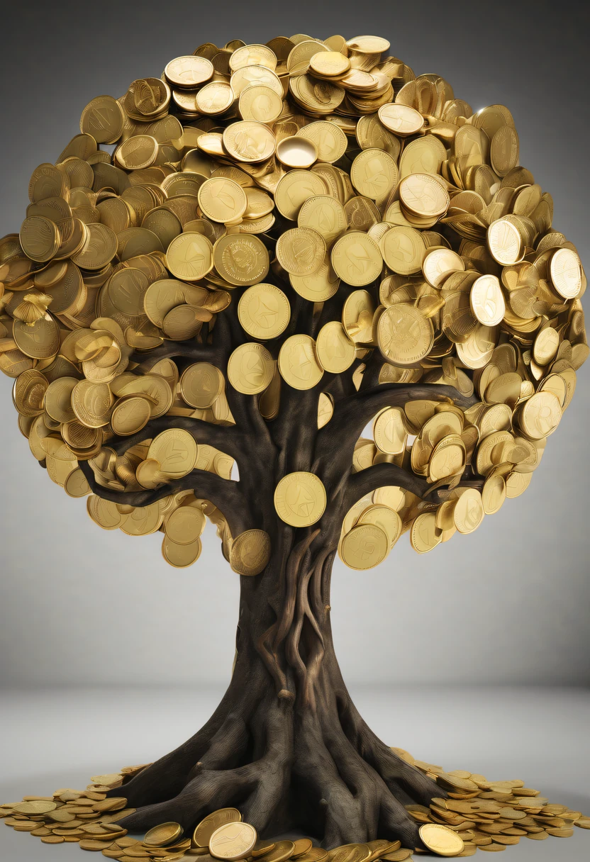 coin tree,The crown is filled with gold coins,only gold coins,魔法coin tree,神奇coin tree,Incredible, Surreal, Crazy, Whimsical, Epic magpic gold coin fantasy