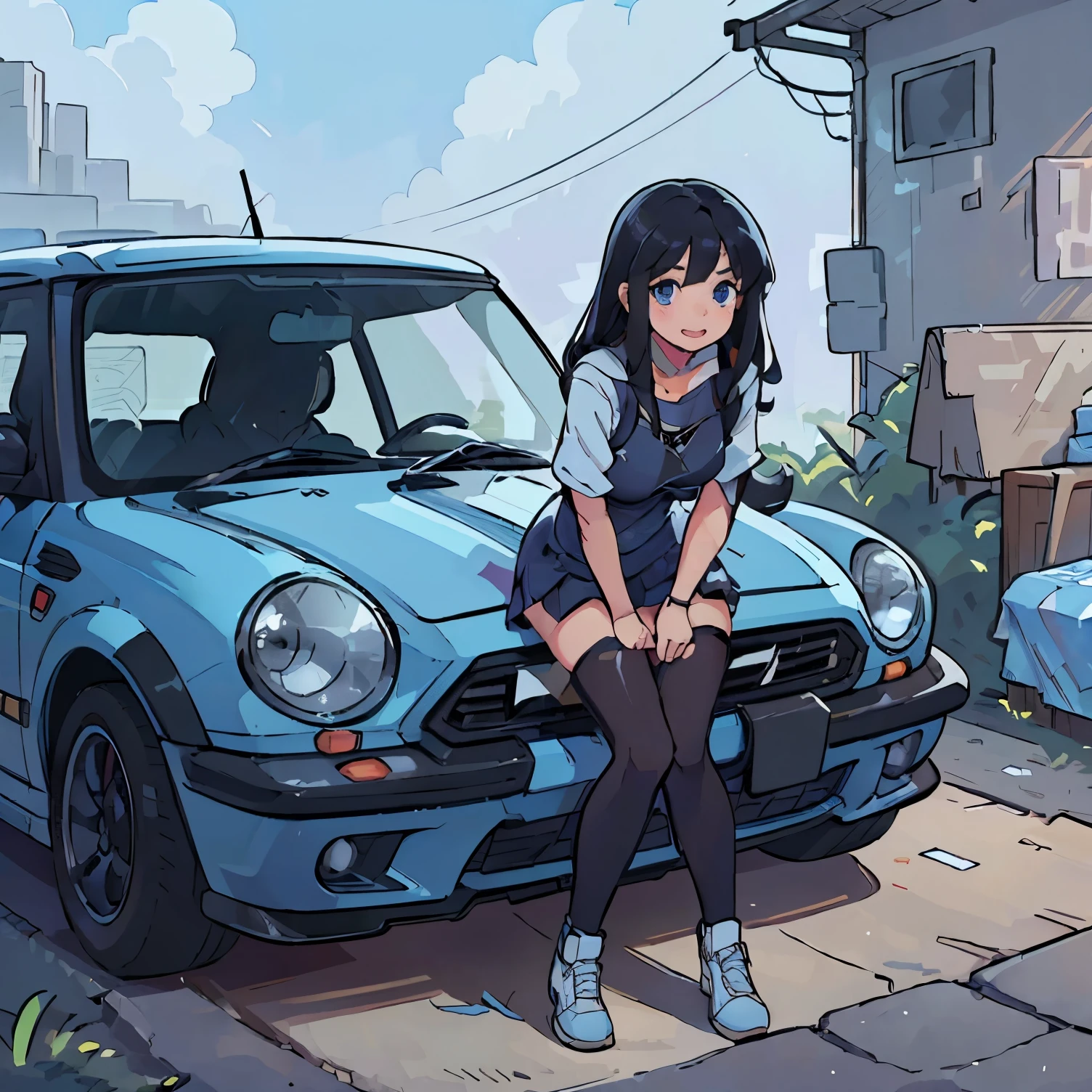 16 K, nffsw, Ray tracing, nffsw, A hyper-realistic, hight resolution, Wide angle shot, Best Quality, masutepiece, Full body image, (Perfect anatomy ), Long Black Hair, happy chuckle, Blue eyes, , Looking at the camera, morning hour, Anime style, Trending on ArtStation, wlop, sakimichan, awardwinning, amazing composition, Perfect, Great lighting, Leaning on a mini cooper, 1Car, Car Girl, A racing girl