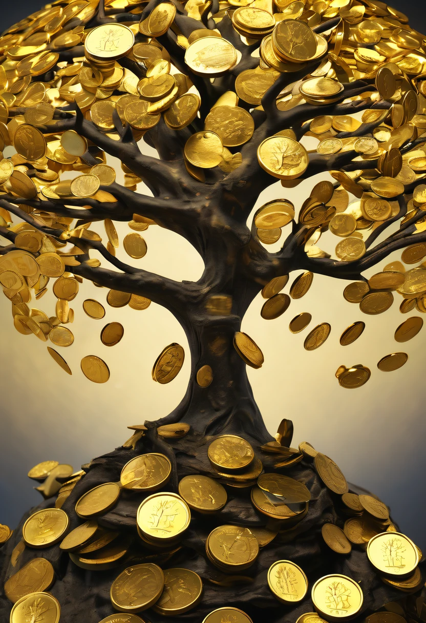coin tree,The crown is filled with gold coins,only gold coins,魔法coin tree,神奇coin tree,Incredible, Surreal, Crazy, Whimsical, Epic magpic gold coin fantasy