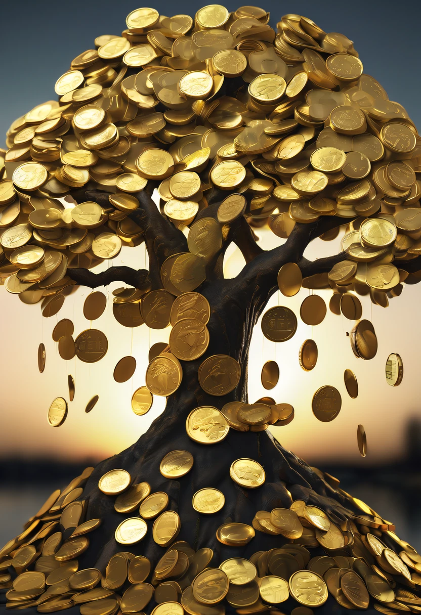 coin tree,The crown is filled with gold coins,only gold coins,魔法coin tree,神奇coin tree,Incredible, Surreal, Crazy, Whimsical, Epic magpic gold coin fantasy
