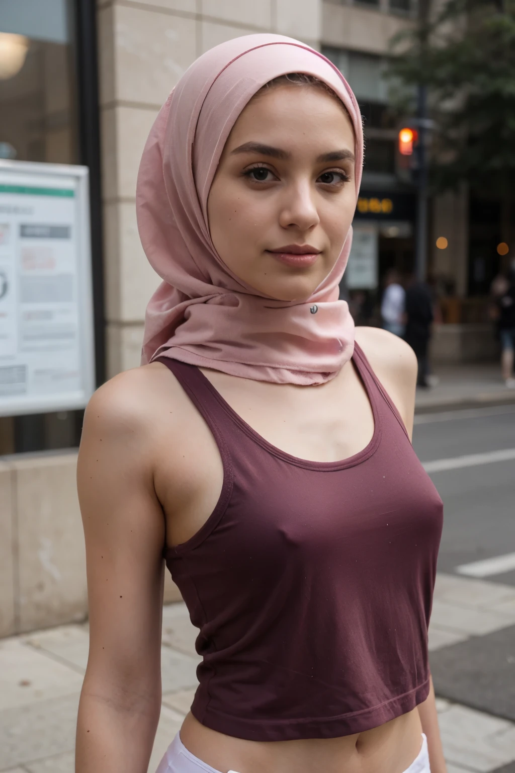Girl wearing a hijab wearing a pink tank top