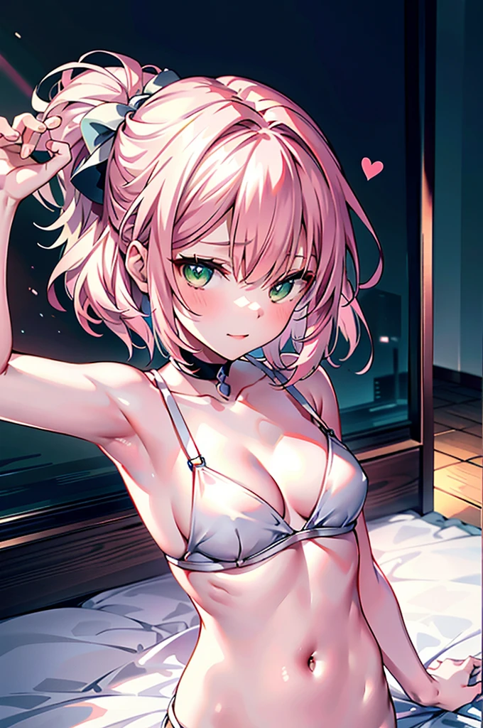 Hyper-realistic 8k CG, tmasterpiece, Best quality at best, ((The face is very delicate)), (realistically:1.4), Ridiculous resources, RAW photogr, filmgrain, Nipples are very delicate, perfect litthing, (1 Sister), (very light pink hair), hair adornments, Medium hair, face flushed, white swimsuits, dynamicposes, dynamic angle, lipsticks, Slim, Slim, Surrounded by flowers, Sakura NS, natural, Full body lesbian, Very wild shooting, Small under breasts, Flat_, External, detailedbackground, actual, Alone, Perfect and detailed face shape, naghty face, 詳細な目, Raised your legs, everlasting, ssmile, ((Close-up of upper body part)), ((detailed green eyes)), Close-up cleavage,