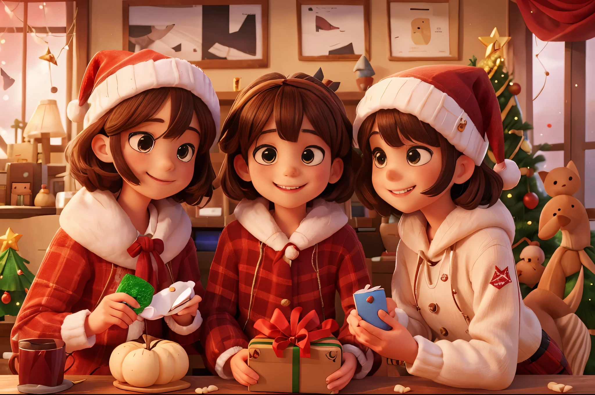 Christmas poster design。Portrait of happy children receiving gifts,Christmas gifts.