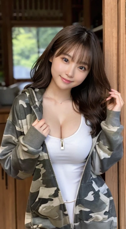 The cutest girl who works as a gravure idol、(************ girl、Extremely beautiful face, Naチュラルメイク)(fair white skin)(sparkly eyes)Na、with shiny brown hair、large full breasts、thin-waist、big butts((Camouflage gray zip hoodie、Long length))魅惑的.。I can see the beautiful cleavage、She's full of confidence々Smiled at.、Facing the camera in a professional pose。her fashion and expressions、The perfect balance of cuteness and elegance、draw the viewer in、Throughout this scene、express her charm to the fullest、Looking behind you、Turning around posture、、Posture with buttocks sticking out、、Angle from which the thighs are visible、thigh shot from behind