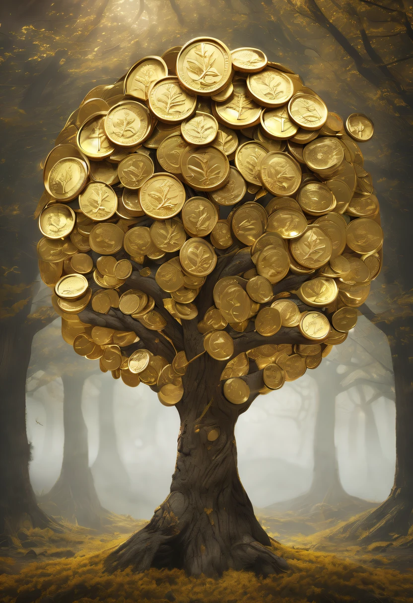 coin tree，The crown is a gold coin，魔法coin tree，神奇coin tree，Incredible， Surreal, Crazy, Whimsical, Epic magpic gold coin fantasy