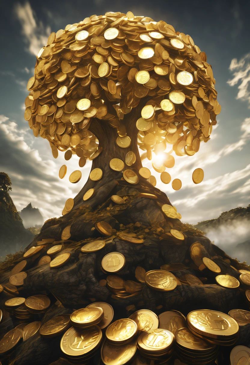 coin tree，The crown is filled with gold coins，only gold coins，魔法coin tree，神奇coin tree，Incredible， Surreal, Crazy, Whimsical, Epic magpic gold coin fantasy