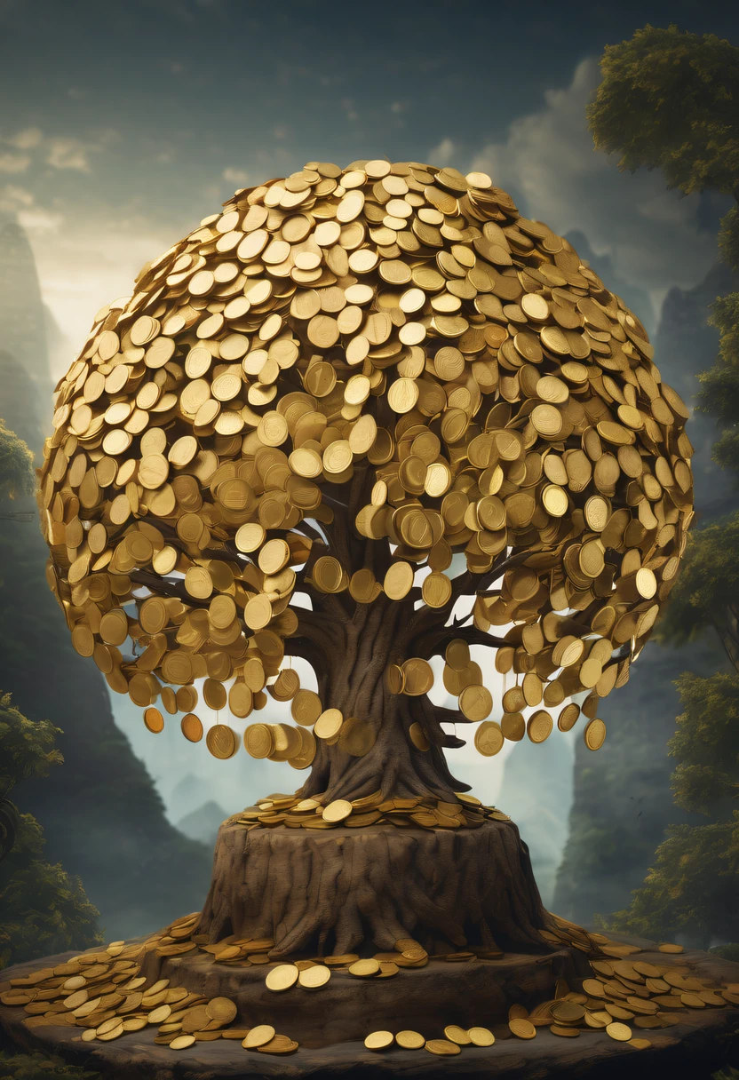 coin tree，The crown is a gold coin，魔法coin tree，神奇coin tree，Incredible， Surreal, Crazy, Whimsical, Epic magpic gold coin fantasy