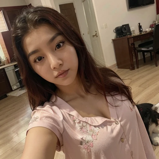 (La mejor calidad 8K), Antecedentes detallados, Nobleza oriental,Chica coreana pelirroja de pelo medio largo, en pijama de perro, selfie, en su casa