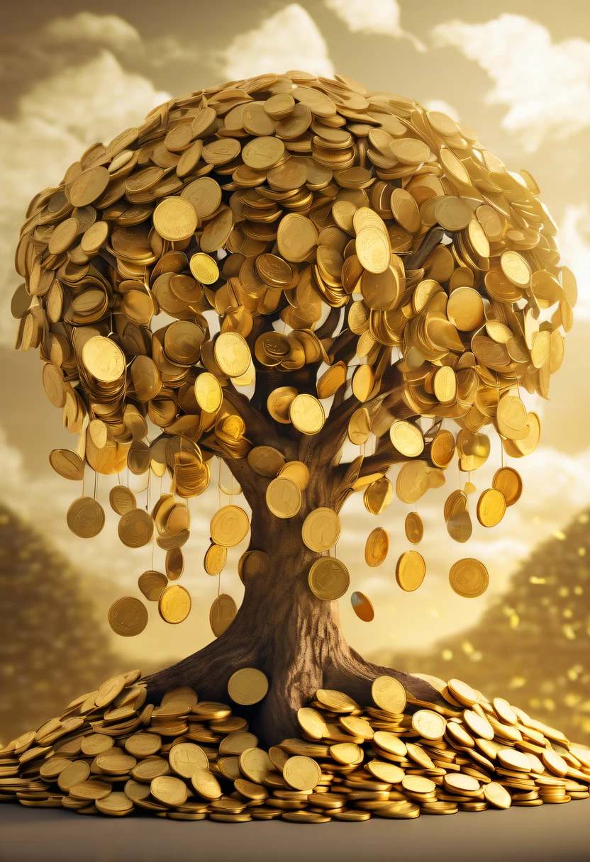 coin tree，The crown is a gold coin，魔法coin tree，神奇coin tree，Incredible， Surreal, Crazy, Whimsical, Epic magpic gold coin fantasy