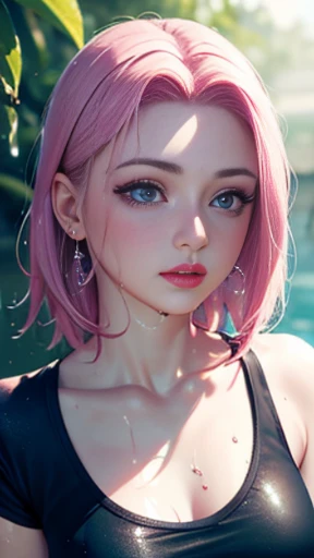 8K, Best Quality, Masterpiece, Ultra High Resolution, (Realism: 1.4), Original Photo, (Realistic Skin Texture: 1.3), (Film Grain: 1.3), ((sakura haruno)), 1 Girl, ((wet tshirt)) , Sapphire Eyes and Beautiful Face Details, Masterpiece, Best Quality, Close Up, whole body,crop top
