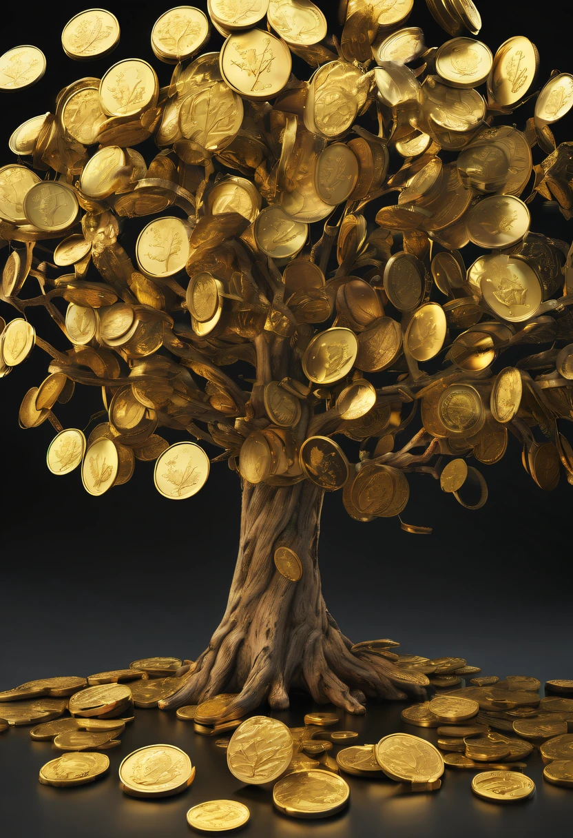 coin tree，The crown is a gold coin，魔法coin tree，神奇coin tree，Incredible， Surreal, Crazy, Whimsical, Epic magpic gold coin fantasy
