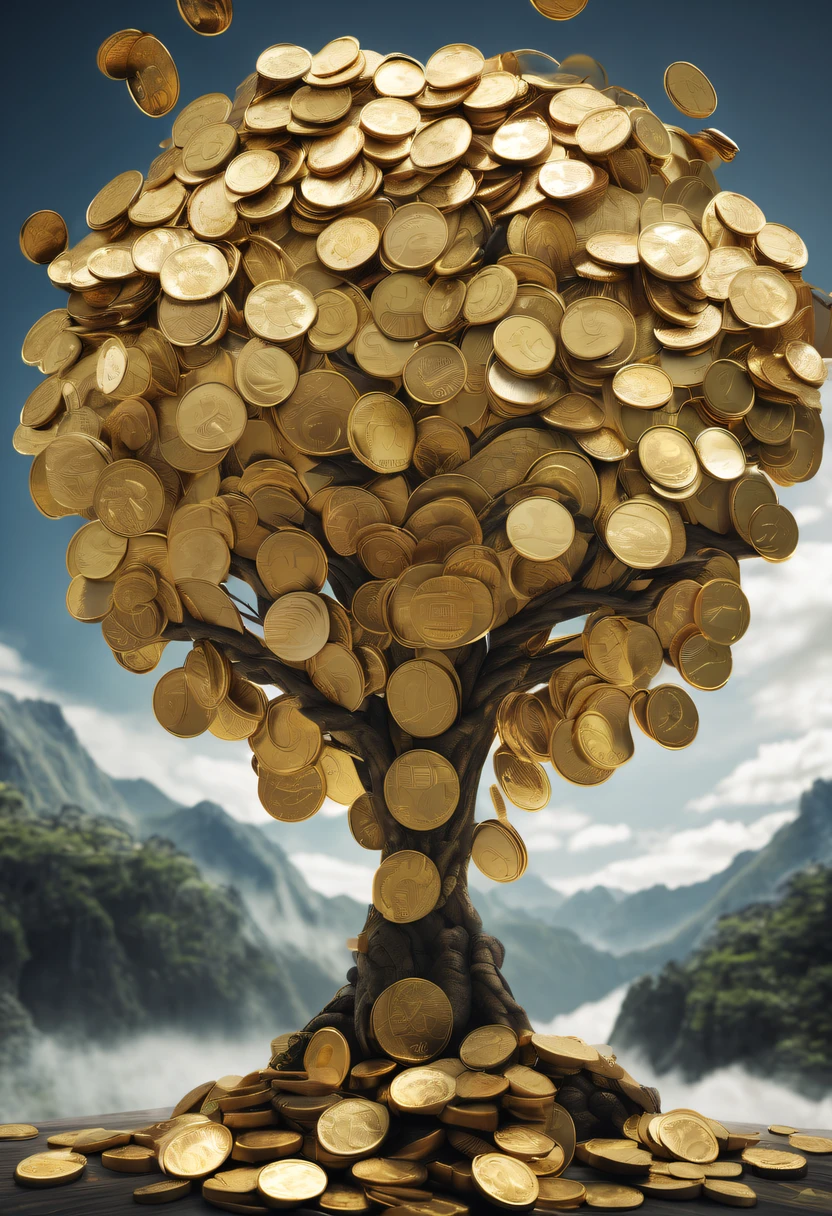 coin tree，The crown is a gold coin，魔法coin tree，神奇coin tree，Incredible， Surreal, Crazy, Whimsical, Epic magpic gold coin fantasy