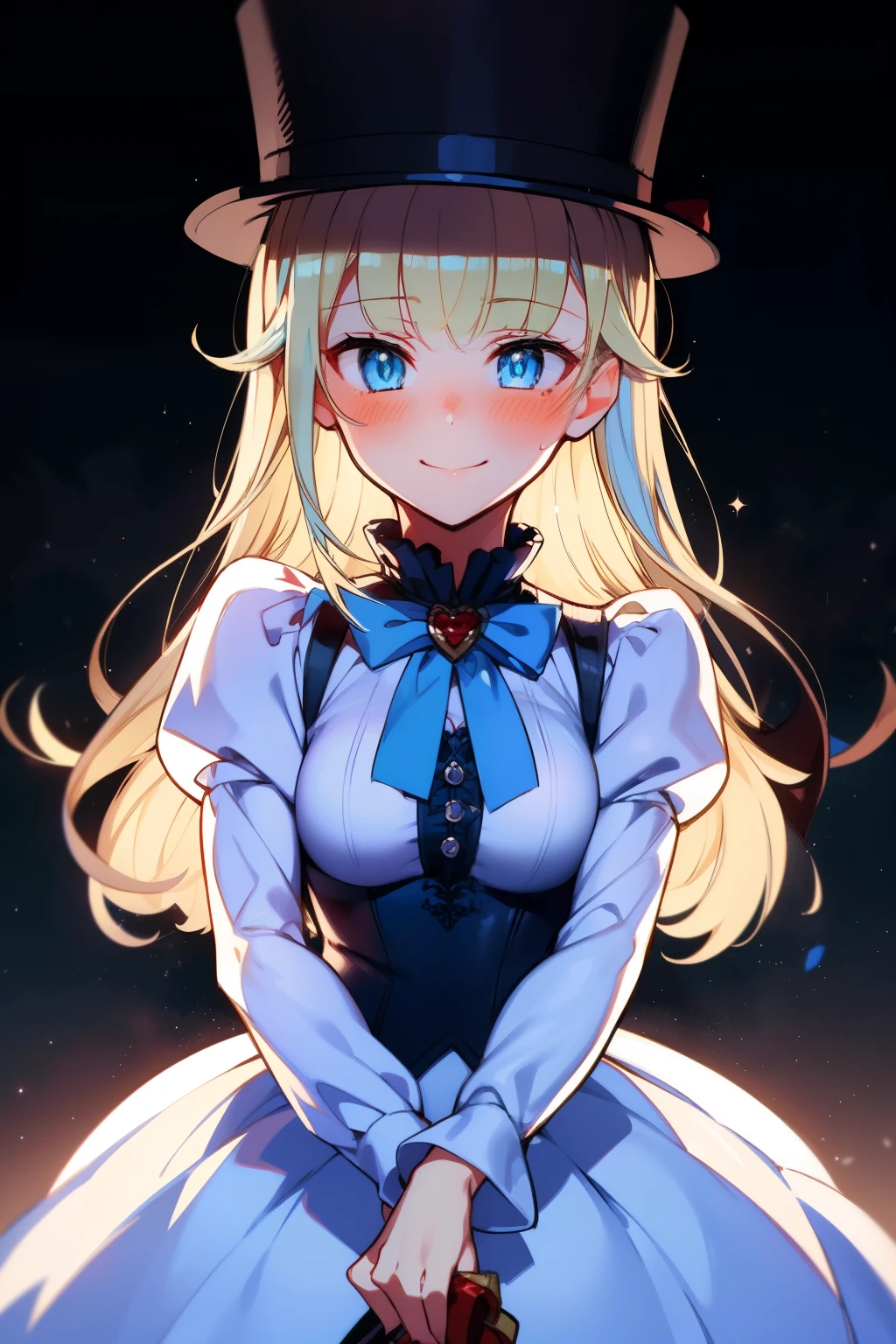 (1girl, solo), blonde hair, side ponytail, (blue eyes:1.5), long hair, (small breast:1.2), (hair ribbon, juliet sleeves, long sleeves, puffy sleeves, white dress:1.5, frills, top hat, black top hat, hat, hat flower,) looking at viewer, shaded face, smile, blush, blood, blood on arm, blood on face, blood on clothes, blood on hands, holding knife, knife, indoorasterpiece:1.2), best quality, high resolution, unity 8k wallpaper, (illustration:1.5), anime style, (beautiful detailed eyes:1.6), extremely detailed face, perfect lighting, extremely detailed CG, (perfect hands, perfect anatomy), (dynamic pose, dynamic angle:1.1), nadja, red heart brooch, jewelry,