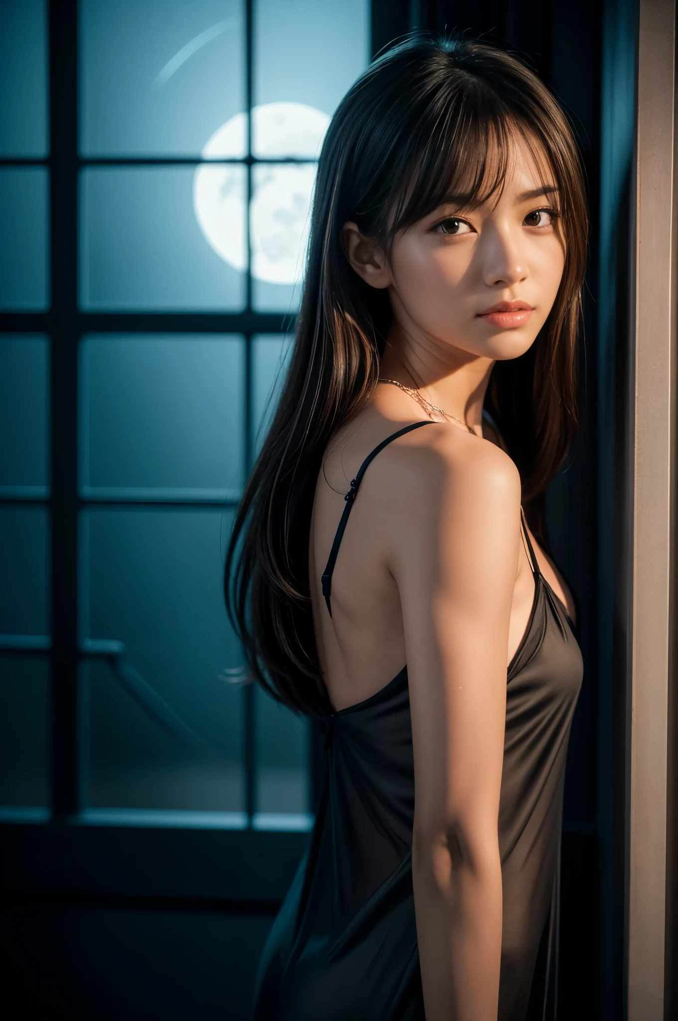 (Photoreal Stick:1.5, masutepiece:1.5, 8K), (top-quality, masterpiece, 超A high resolution), Perfect dynamic composition, Professional camera work:1.4, Highly detailed skin and facial texture:1.3, Mystical portrait:1.3, Grow Light Effect, The ultra-detailliert, 1girl in, ((Night view from inside the building, Pitch black room:0.8, The moonlight at night shines through the glass)), (v neck nightdress), Model body type, Clear face, (Beautiful and seductive eyes:0.8, Enraptured look:0.8, i love you completely:0.8), A mouthfeel that feels beautiful eros, Dark brown medium hair, the chest is medium, a necklace, (Leaning against the window, seductiv)