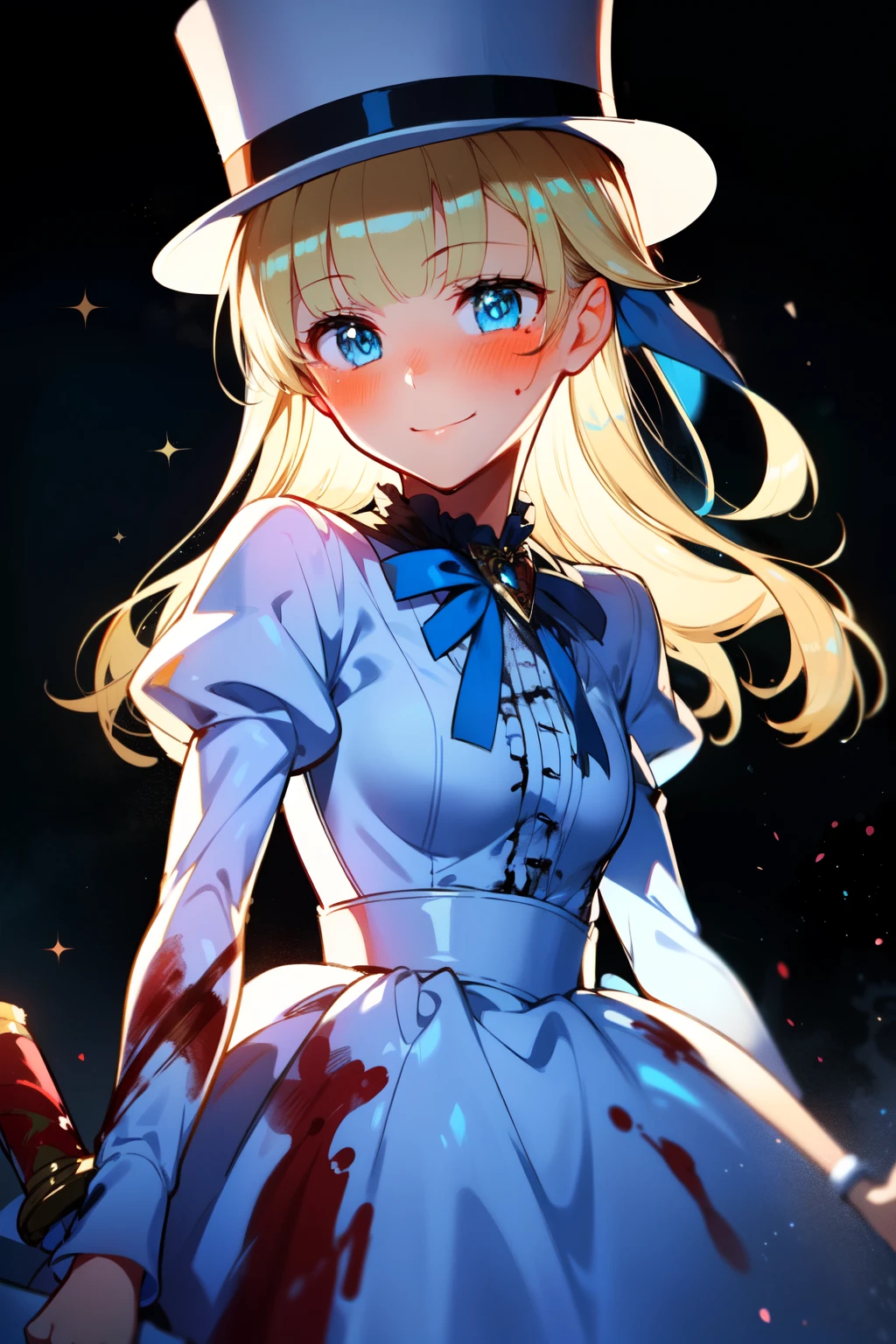 (1girl, solo), blonde hair, side ponytail, (blue eyes:1.5), long hair, (small breast:1.2), (hair ribbon, juliet sleeves, long sleeves, puffy sleeves, white dress:1.5, frills, top hat, black top hat, hat, hat flower,) looking at viewer, shaded face, smile, blush, blood, blood on arm, blood on face, blood on clothes, blood on hands, holding knife, knife, indoorasterpiece:1.2), best quality, high resolution, unity 8k wallpaper, (illustration:1.5), anime style, (beautiful detailed eyes:1.6), extremely detailed face, perfect lighting, extremely detailed CG, (perfect hands, perfect anatomy), (dynamic pose, dynamic angle:1.1), nadja, red heart brooch, jewelry,