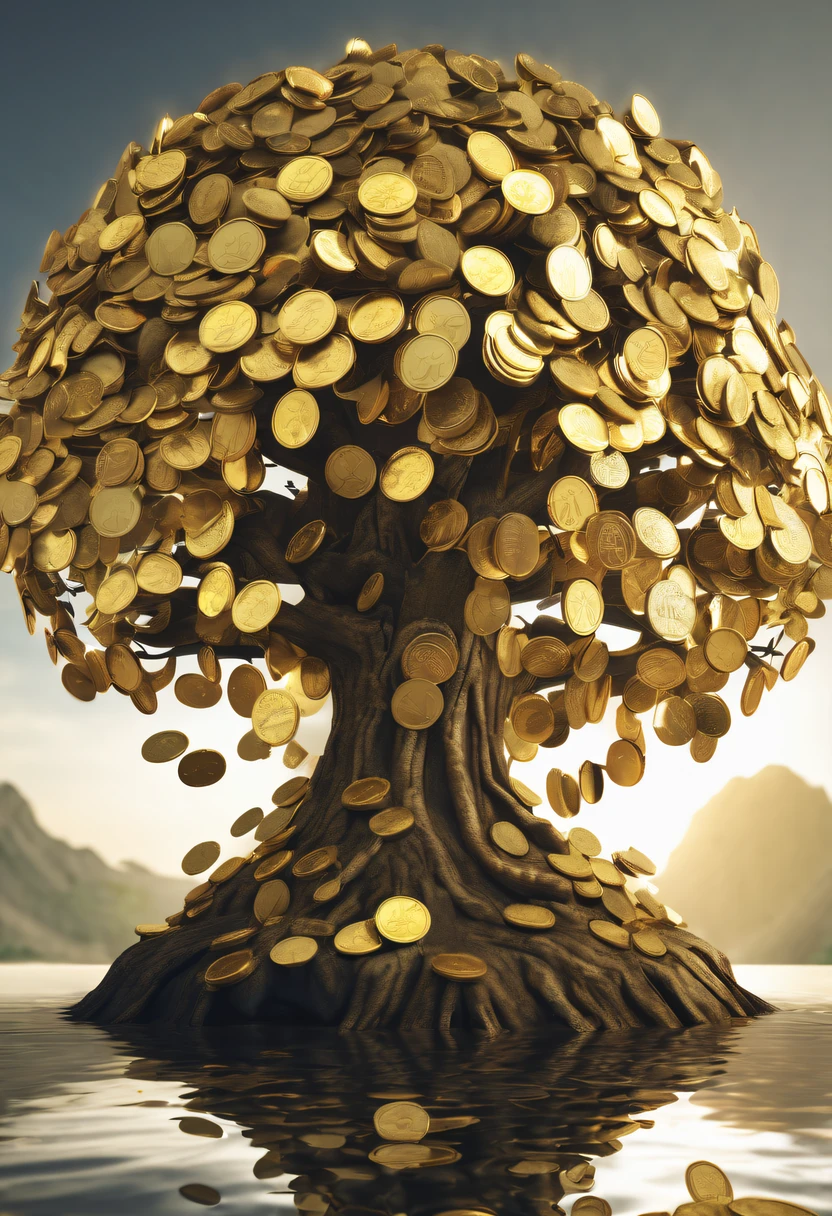 coin tree，The crown is a gold coin，魔法coin tree，神奇coin tree，Incredible， Surreal, Crazy, Whimsical, Epic magpic gold coin fantasy