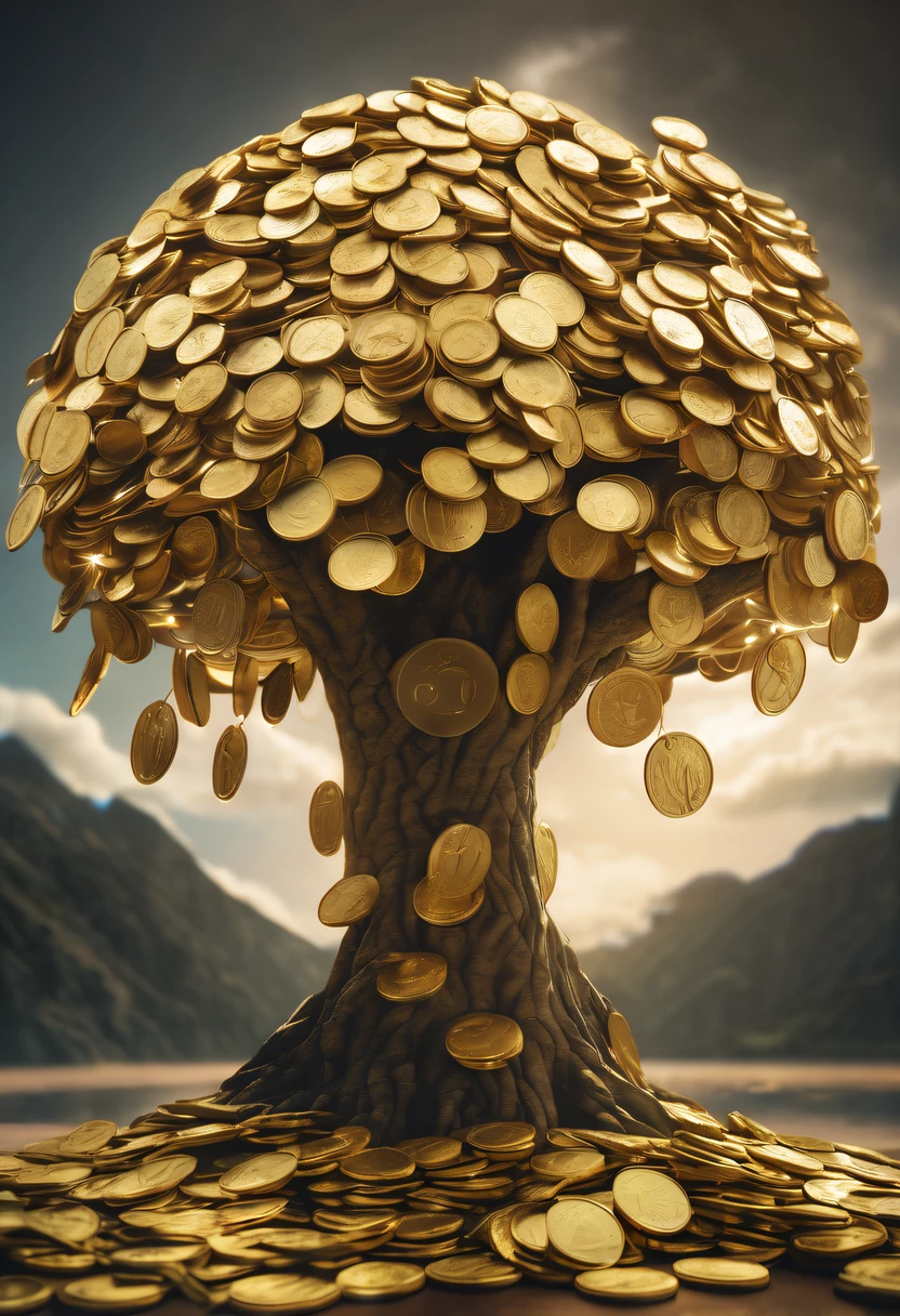 coin tree，The crown is a gold coin，魔法coin tree，神奇coin tree，Incredible， Surreal, Crazy, Whimsical, Epic magpic gold coin fantasy