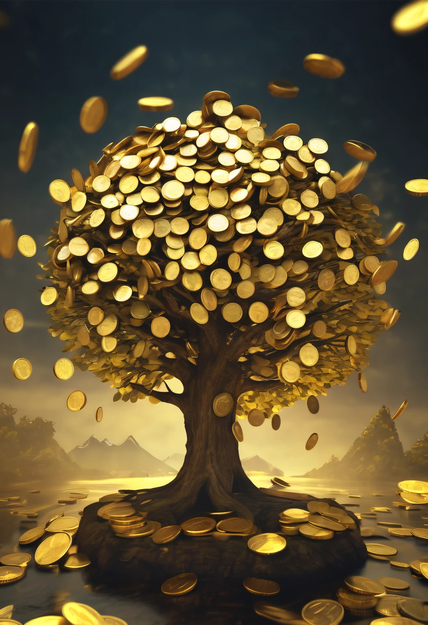 coin tree,The crown is filled with gold coins,only gold coins,魔法coin tree,神奇coin tree,Incredible, Surreal, Crazy, Whimsical, Epic magpic gold coin fantasy