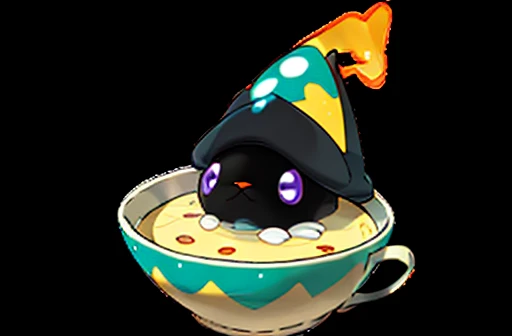 longhair orange housecat with a white chin wearing a pointy, purple wizard hat with stars on it. Holding a bowl of yellow/brown soup. drawn in the style of a psychic type Pokémon.