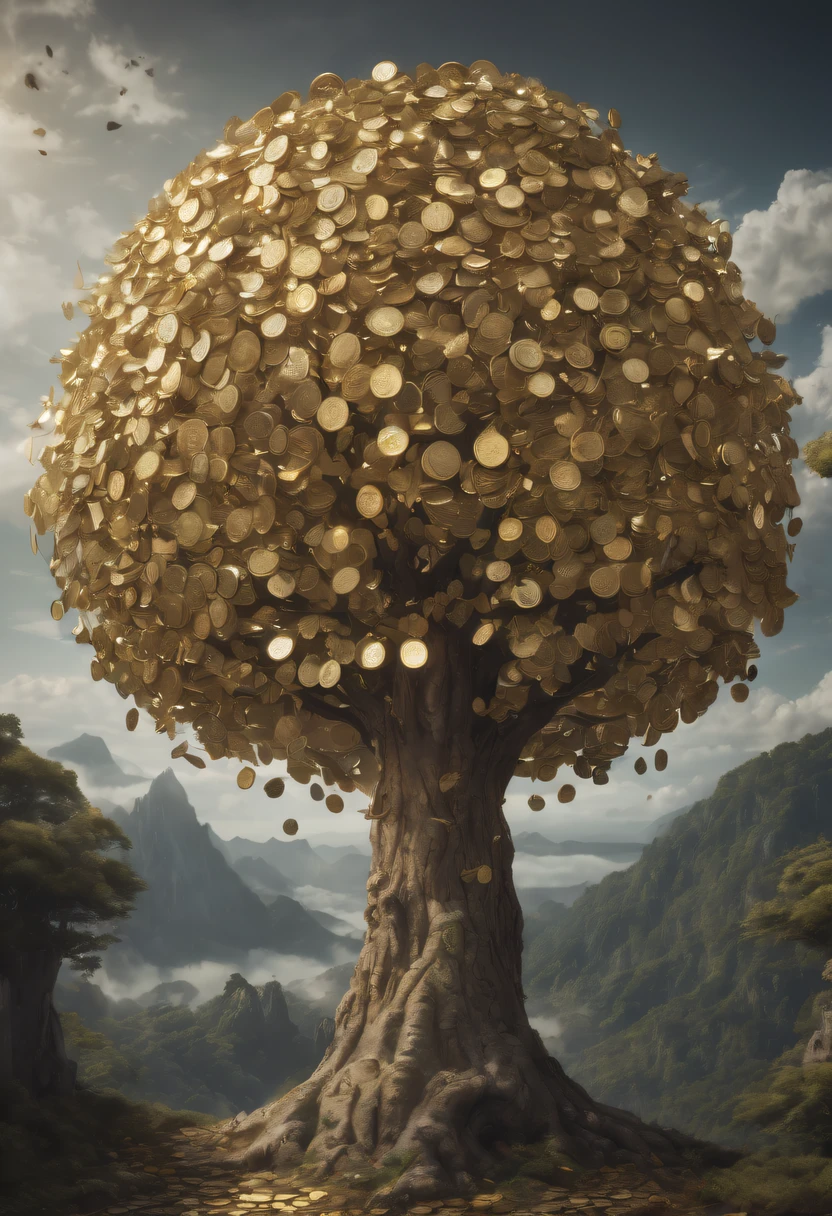 coin tree,The crown is a gold coin,魔法coin tree,神奇coin tree,Incredible, Surreal, Crazy, Whimsical, Epic magpic gold coin fantasy