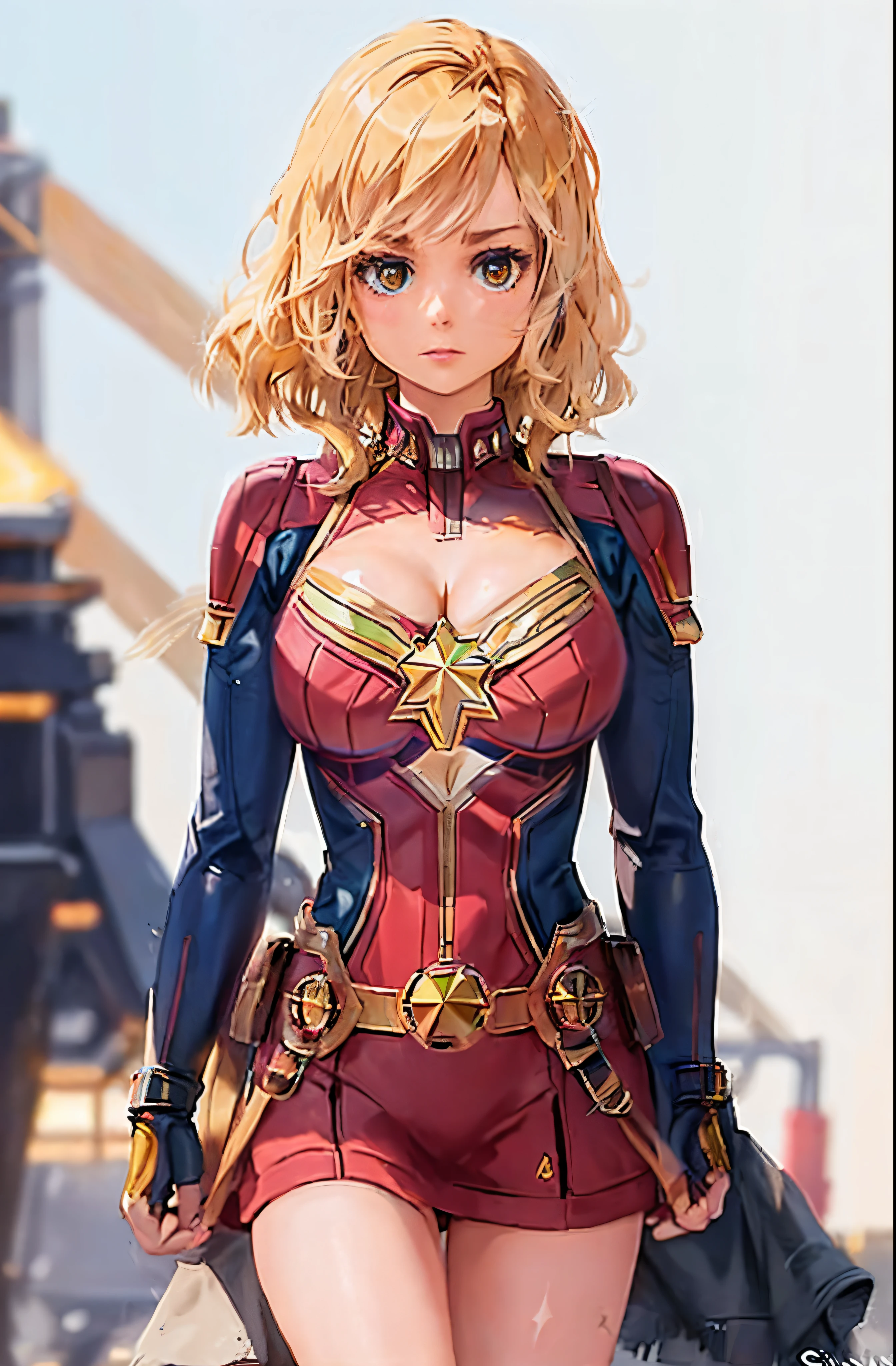 Brie Larson (1girl, big breasts, cleavage, glowing eyes, sexy skin), medium hair, full body portrait, wearing a captain marvel contemporized outfit, sexy, leather jacket, seductive