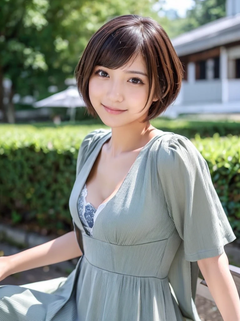 Similar to Jun Hasegawa、Shorthair、超A high resolution、(Photorealsitic:1.4)、女の子1人, Casual dress、Dynamic Pose,selfee、The upper part of the body、No background、cleavage、