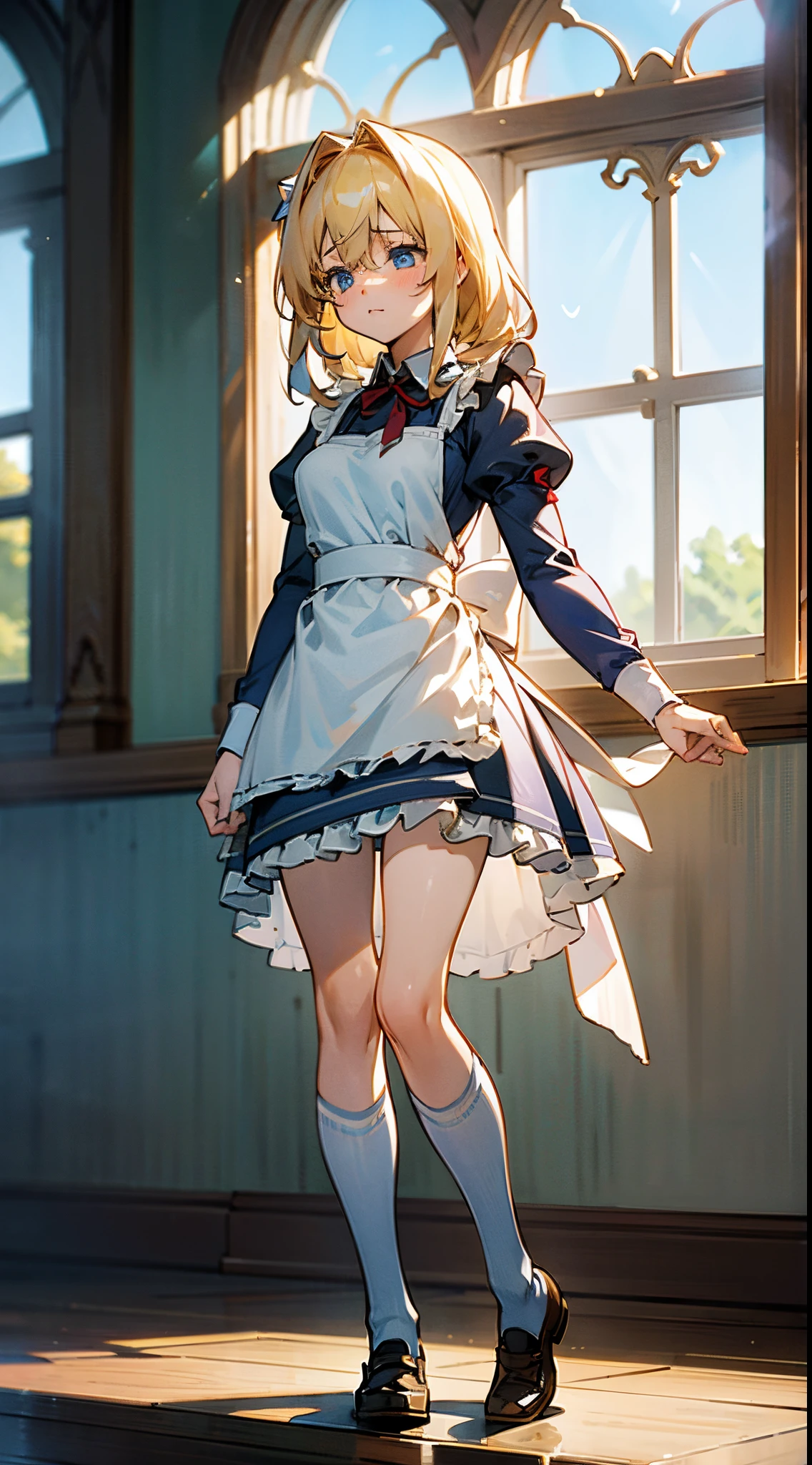 anime styled, The ultra -The high-definition, alice in the wonderland, Super cute girl, a blond, Long, shame, Peeが出てしまって恥ずかしくて泣きそうな顔, Light blue fluttering short dress, frilldの付いた白いエプロンスカートを重ねる, frilld, B-cup breasts, Light blue fluttering mini skirt, The socks are long white knee-high socks that go from the toes to mid-thigh., and draw the full body, Inside an old Western-style building, absurd worldview, window where bright sunlight shines through, Her clothes are a little disarrayed and her breasts are exposed., Pee, お漏らししてPeeが股から出て太ももを伝ってチョロチョロと細く流れている, Free Pose