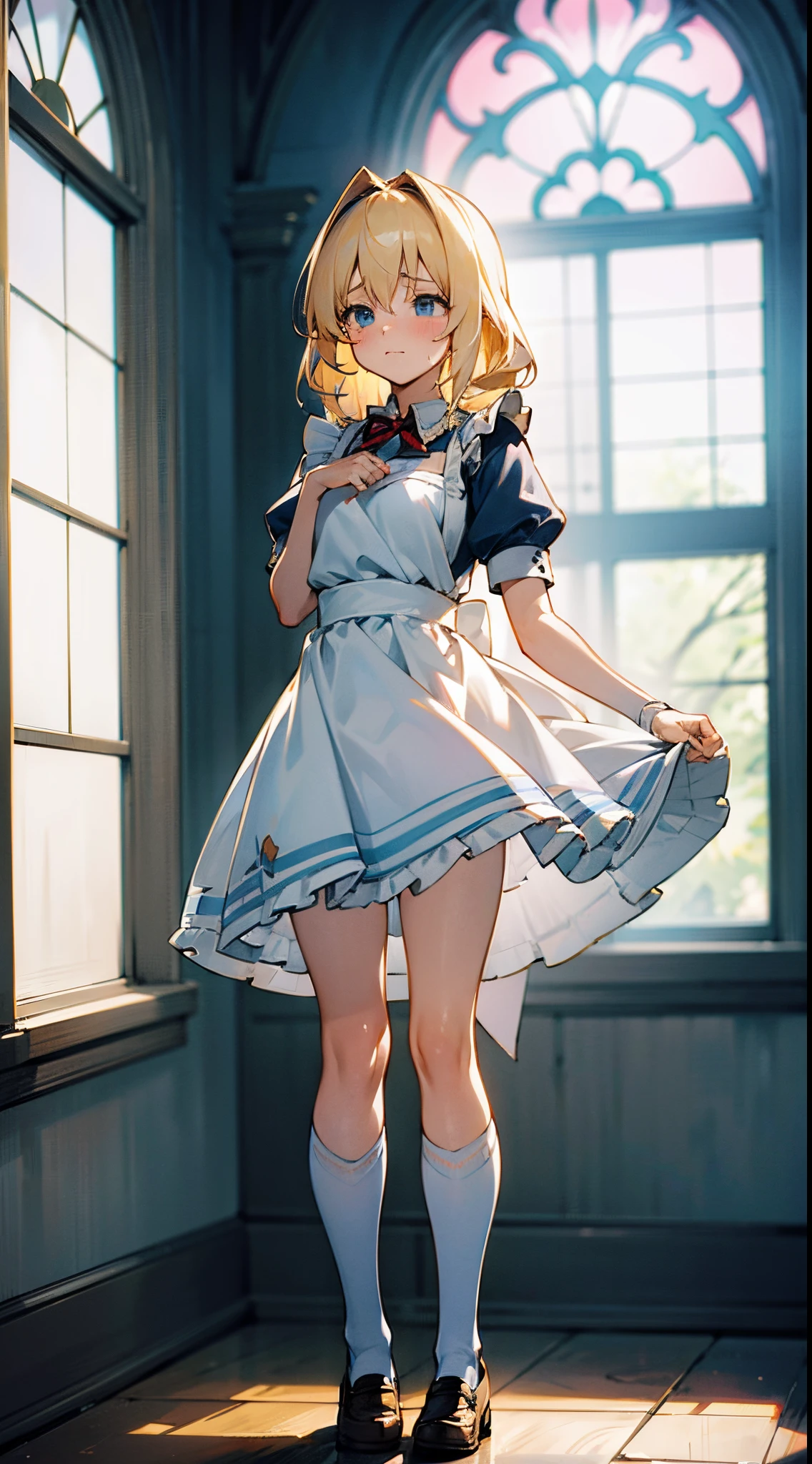 anime styled, The ultra -The high-definition, alice in the wonderland, Super cute girl, a blond, Long, shame, Peeが出てしまって恥ずかしくて泣きそうな顔, Light blue fluttering short dress, frilldの付いた白いエプロンスカートを重ねる, frilld, B-cup breasts, Light blue fluttering mini skirt, The socks are long white knee-high socks that go from the toes to mid-thigh., and draw the full body, Inside an old Western-style building, absurd worldview, window where bright sunlight shines through, Her clothes are a little disarrayed and her breasts are exposed., Pee, お漏らししてPeeが股から出て太ももを伝ってチョロチョロと細く流れている, Free Pose