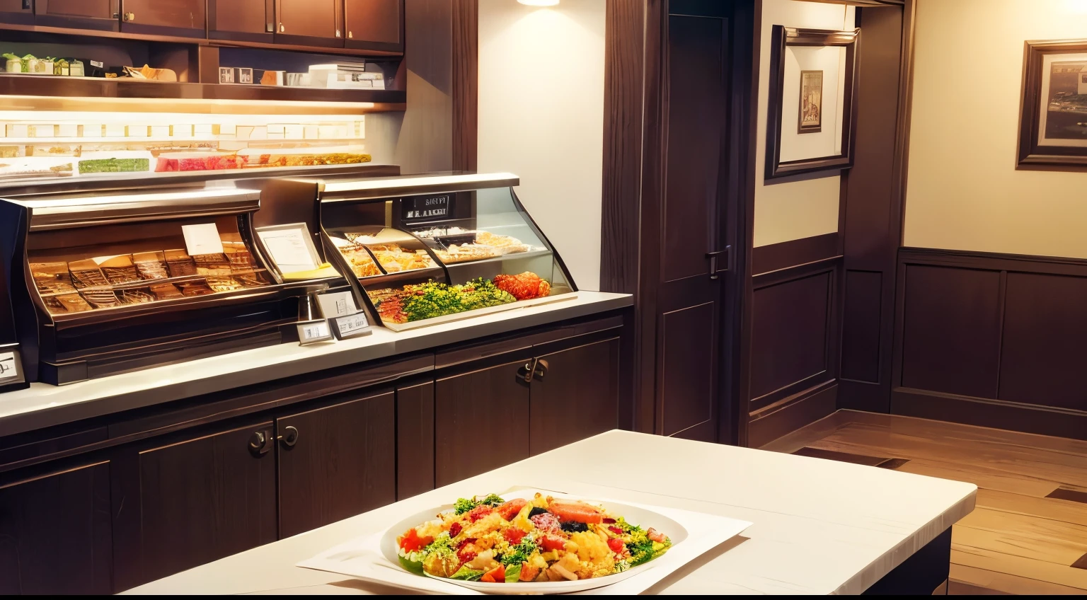 There is a table with food pictures on the ordering counter at the front desk of the hotel. There is a cash register at the front desk.