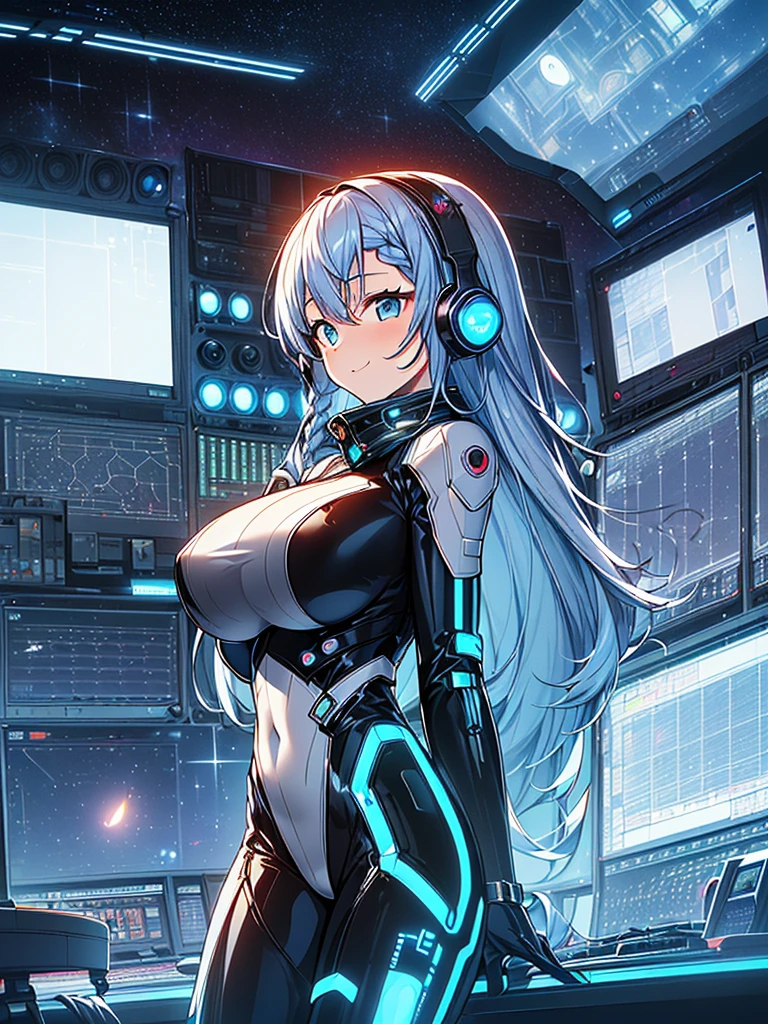 ​masterpiece:1.4, 1girl in ((20yr old, Wearing a tight, futuristic metallic gray bodysuit,long boots, huge-breasted, Blue hair, long,Braided hair,marguerite&#39;Hairstyles, Perfect model body, Blue eyes:1.4, Wearing headphones, Flirting, Happy,  Looking out the window of the futuristic sci-fi space station、While admiring the beautiful galaxy:1.2, SFSF control room on night background:1.1, Neon and energetic atmosphere:1.2)) ((Galaxy)) ((Solo:1.6))