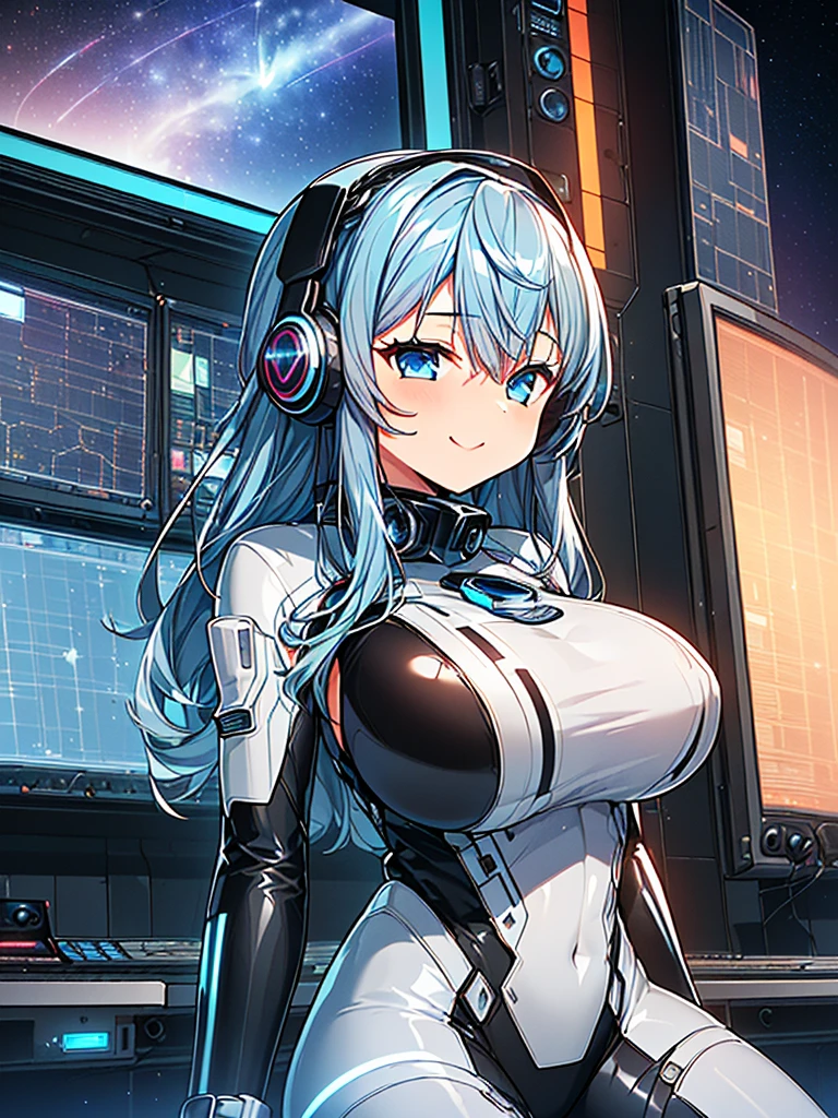 ​masterpiece:1.4, 1girl in ((20yr old, Wearing a tight, futuristic metallic gray bodysuit,long boots, huge-breasted, Blue hair, long,Braided hair,marguerite&#39;Hairstyles, Perfect model body, Blue eyes:1.4, Wearing headphones, Flirting, Happy,  Looking out the window of the futuristic sci-fi space station、While admiring the beautiful galaxy:1.2, SFSF control room on night background:1.1, Neon and energetic atmosphere:1.2)) ((Galaxy)) ((Solo:1.6))