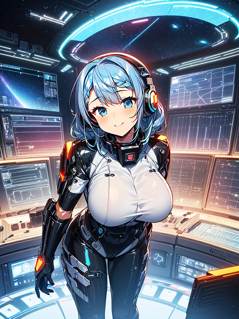 ​masterpiece:1.4, 1girl in ((20yr old, Wearing a tight, futuristic metallic gray bodysuit,long boots, huge-breasted, Blue hair, long,Braided hair,marguerite&#39;Hairstyles, Perfect model body, Blue eyes:1.4, Wearing headphones, Flirting, Happy,  Looking out the window of the futuristic sci-fi space station、While admiring the beautiful galaxy:1.2, SFSF control room on night background:1.1, Neon and energetic atmosphere:1.2)) ((Galaxy)) ((Solo:1.6))