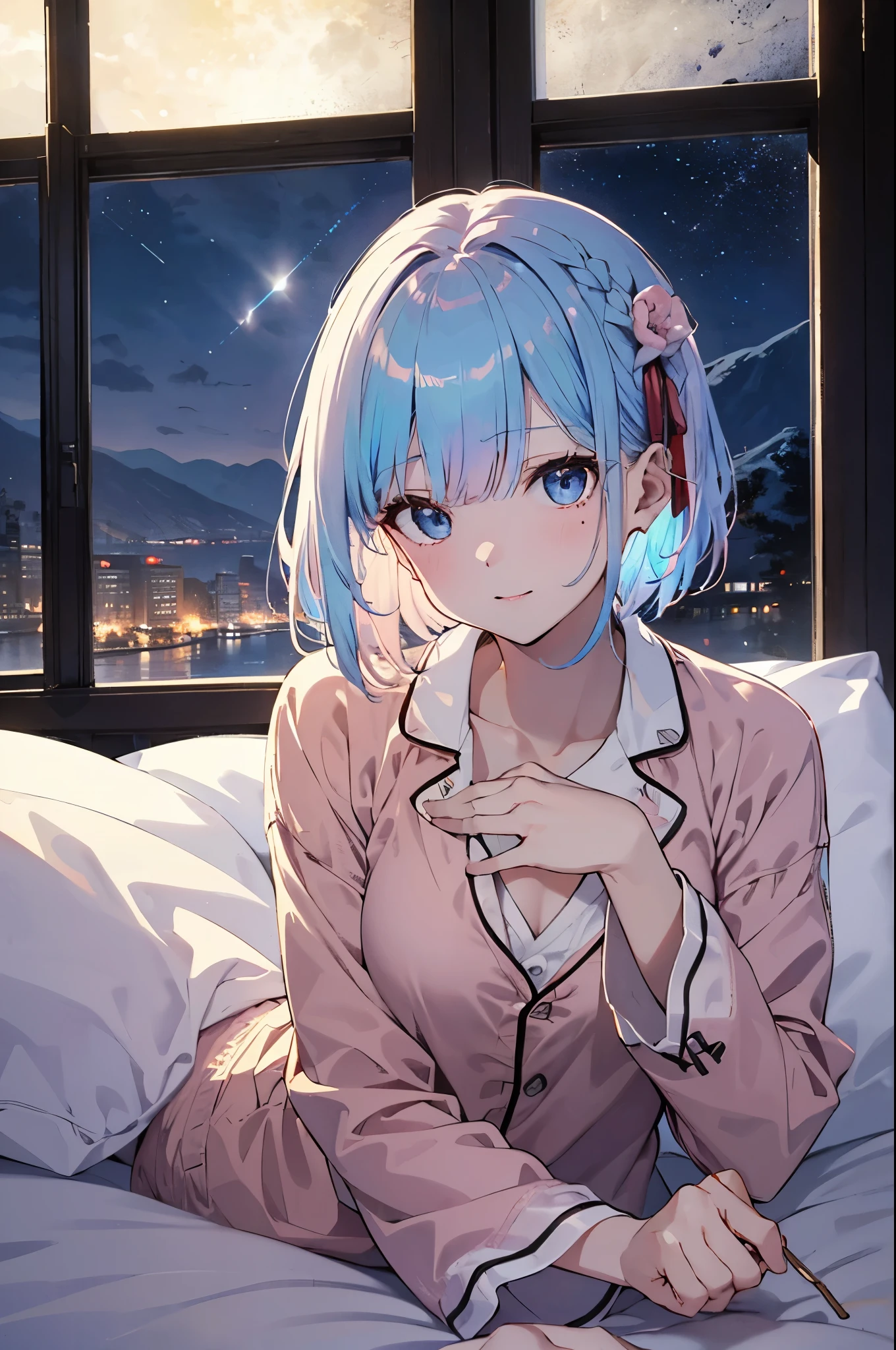 (Girl with a nasty appearance:1.1)、(Daytime:1.5)、(and chest:1.4)、Raw photography, top-quality, hight resolution, (masterpiece), (Photorealsitic:1.4), (Mole under the eyes),Anime , foco nítido, nffsw, 8K分辨率, intricate detailes, depth of fields, the Extremely Detailed CG Unity 8K Wallpapers, front lit, femele,25-years old、 His lips are smiling、(tying hair:1.5)、(Medium short pink hair)、(s Pajamas:1.3)、blue eyess,(lying on the bed:1.5)、(Blue sky seen from the window:1.3)、(Full body depiction)、(fullmoon:1.2)、(shooting stars:0.9)、(nebulas:1.3)、mountain in the distance、Tree Break Production Art、(Warm color light source:1.2)、(fireflys:1.2)、abajour、Purple and orange、intricate detailes、Volume Lighting、Realism Break (masterpiece:1.2)、(top-quality)、4K、Ultra-Details、(The composition of the movement:1.4)、Very detailed and colorful details、(Iridescent colors:1.2)、(Glowing lighting、Atmospheric lighting)、dream-like、Magical
