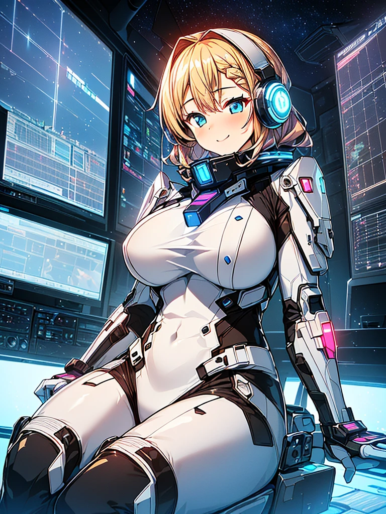 ​masterpiece:1.4, 1girl in ((20yr old, Wearing a tight, futuristic metallic white bodysuit,long boots, huge-breasted, blonde  hair, long,Braided hair,marguerite&#39;Hairstyles, Perfect model body, Blue eyes:1.4, Wearing headphones, Flirting, Happy,  Looking out the window of the futuristic sci-fi space station、While admiring the beautiful galaxy:1.2, SFSF control room on night background:1.1, Neon and energetic atmosphere:1.2)) ((Galaxy)) ((Solo:1.6))