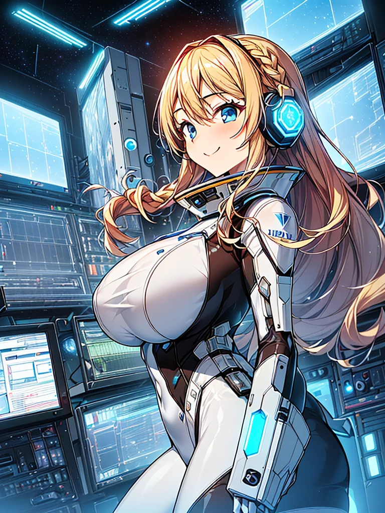masterpiece:1.4, 1girl in ((20yr old, Wearing a tight, futuristic metallic white bodysuit,long boots, huge-breasted, blonde hair, long,Braided hair,marguerite'Hairstyles, Perfect model body, Blue eyes:1.4, Wearing headphones, Flirting, Happy, Looking out the window of the futuristic sci-fi space station、While admiring the beautiful galaxy:1.2, SFSF control room on night background:1.1, Neon and energetic atmosphere:1.2)) ((Galaxy)) ((Solo:1.6))