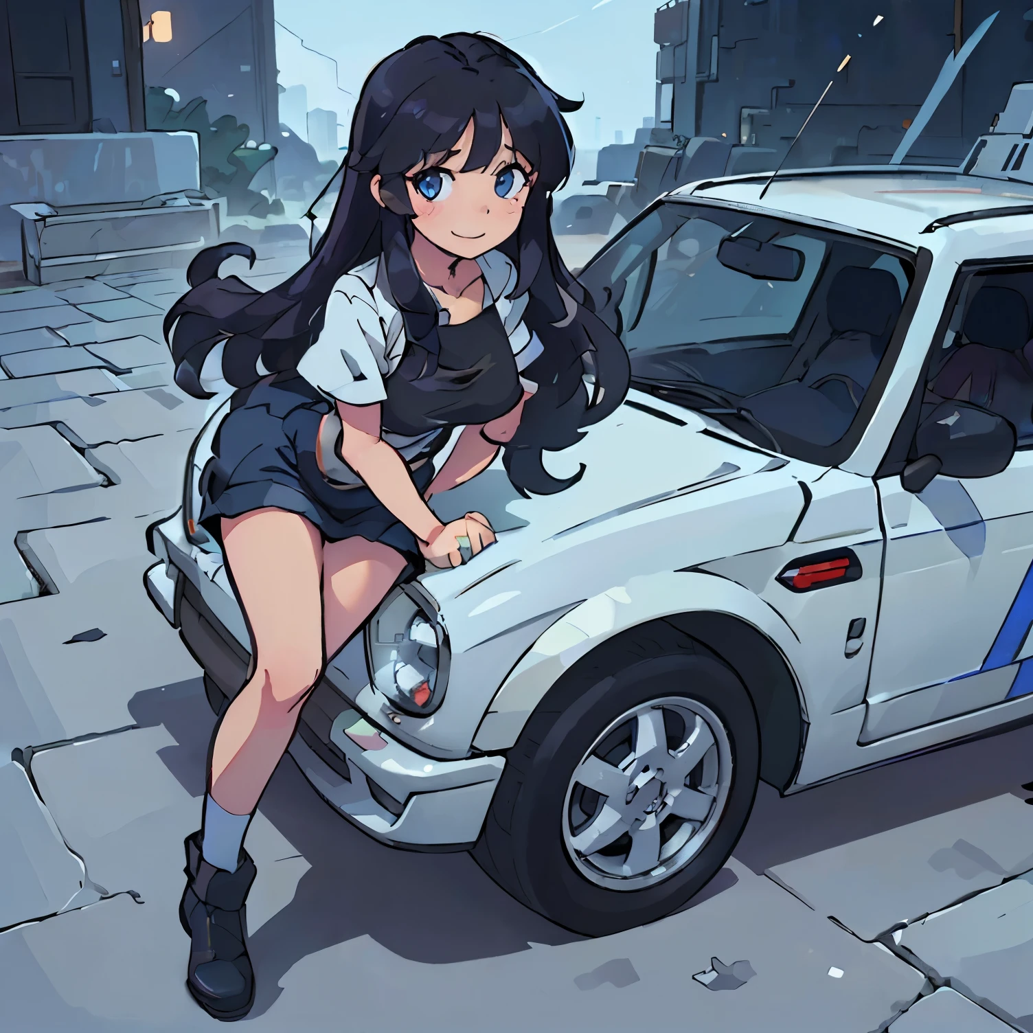 16 K, nffsw, Ray tracing, nffsw, A hyper-realistic, hight resolution, Wide angle shot, Best Quality, masutepiece, Full body image, (Perfect anatomy ), Long Black Hair, happy chuckle, Blue eyes, , Looking at the camera, morning hour, Anime style, Trending on ArtStation, wlop, sakimichan, awardwinning, amazing composition, Perfect, Great lighting, Leaning on a mini cooper, 1Car, Car Girl, A racing girl