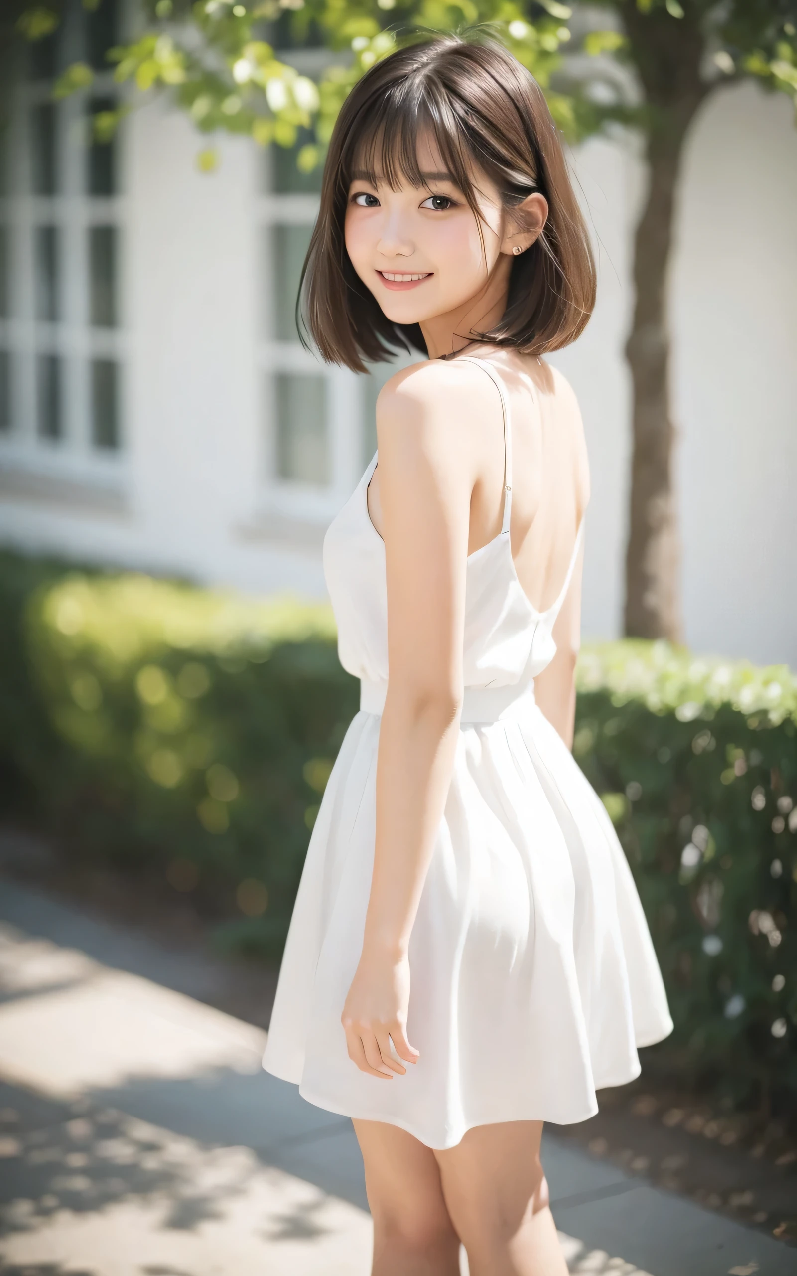 masutepiece, Best Quality, 8K, 1 girl, 20 yo, Closed mouth, Smile, Full body, (Full body:1.4), Solo, Cute, Girly, Delicate girl, Neat and clean beauty, Raw photo, Professional Photography, Portrait, Soft light, Professional Lighting, Back lighting, Look away, looking at away, Sophisticated, Film grain, (Eyes and faces with detailed:1.0), Short-length floating hair, Beautiful flowing hair, Bangs