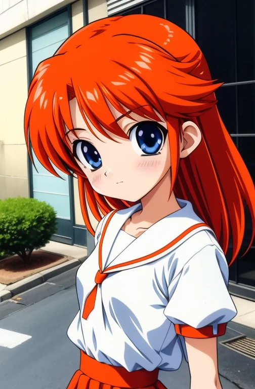 2000s anime cels style, Cartoon style of the 2000lat color:1.2), vivid colors, retro anime, 2000s anime, 2000s anime, early 2000's inspired anime, early 2000's esthetics, Asuka, Blue eyes, Orange hair,sportrait,White color blouse,Evangelion Asuka,animemanga girl middle of the street,