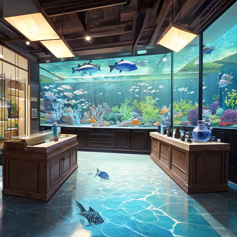 You are a famous interior designer,Com elementos marinhos(como:scorpioarmor,water streaks,Concha do mar,cores peroladas)Create a fantastic store reception area with aromatherapy expertise,O formato do tampo da mesa extrai o formato da concha,The top is a gradient blue water ripple shape,The chandelier takes the form of an aquarium in the ocean,The floor is paved with light marble