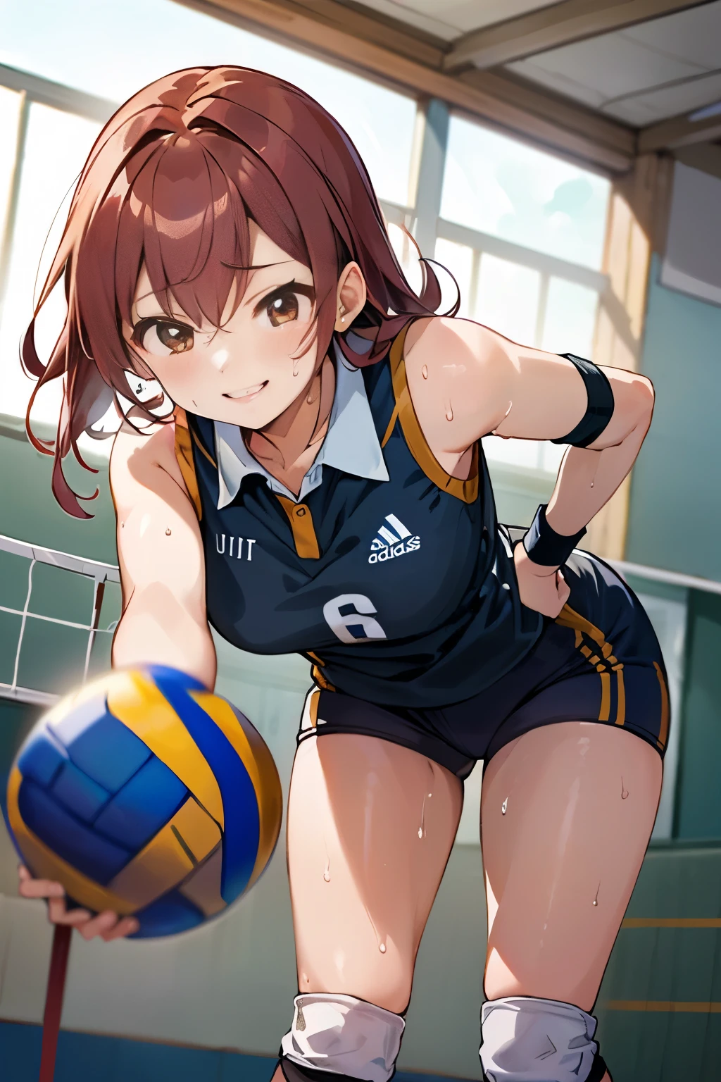 unity 8k wallpaper, anatomically correct, (((masterpiece))), (((best quality))), (((ultra detailed))), (((high-resolution))), ((super fine illustration)), ((Ultimate cutie)), ((detailed beautiful face)), ((perfect hands)), ((perfect finger)), (((good anatomy))), Solo, One girl, 18 years old, (potbelly), (Curve), medium breasts, ((thick thighs)), Shiny hair, ((smile)), (smug face), ((blush)),
BREAK, Adidas, (((Buruma))), Adidas, (Sleeveless collared Volleyball Uniforms), head band, ((wristbands)), ((Kneepads)),
BREAK, ((Embracing the beautiful spherical 6-inch Volleyball)), ((leaning forward)), ((Sweat)), (perspired), (Heavy breathing), Sense of depth, in gymnasium, in volleyball court, depth of field, strong light, ((Looking down)), cowboy shot
