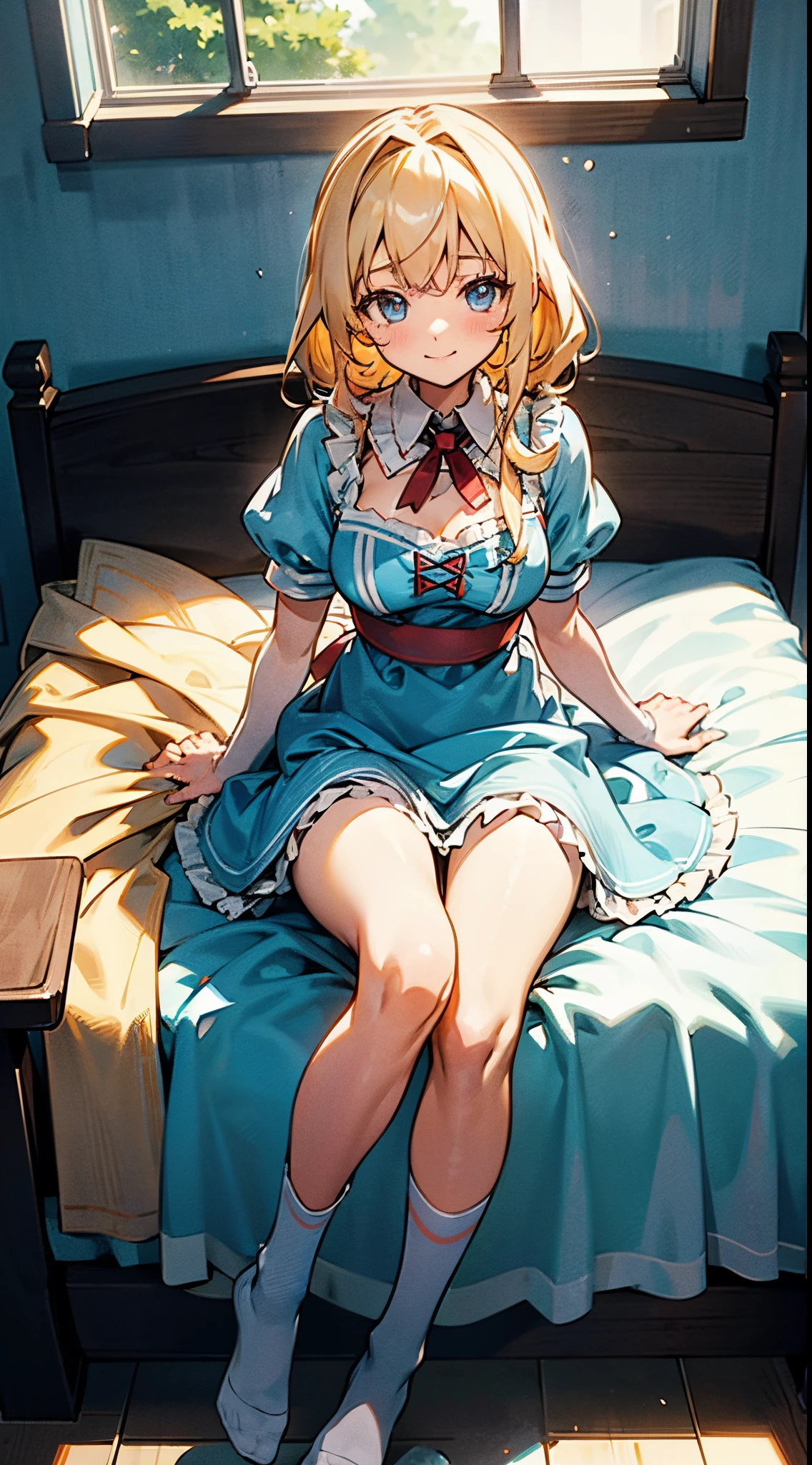 anime styled, The ultra -The high-definition, alice in the wonderland, Super cute girl, a blond, Long, shame, A sweet inviting smile, Light blue fluttering short dress, frilldの付いた白いエプロンスカートを重ねる, frilld, B-cup breasts, Light blue fluttering mini skirt, The socks are long white knee-high socks that go from the toes to mid-thigh., and draw the full body, Inside an old Western-style building, absurd worldview, window where bright sunlight shines through, Her clothes are a little disarrayed and her breasts are exposed., Pee, お漏らししてPeeが股から出て太ももを伝ってチョロチョロと細く流れている, Lie down on the bed, Free Pose