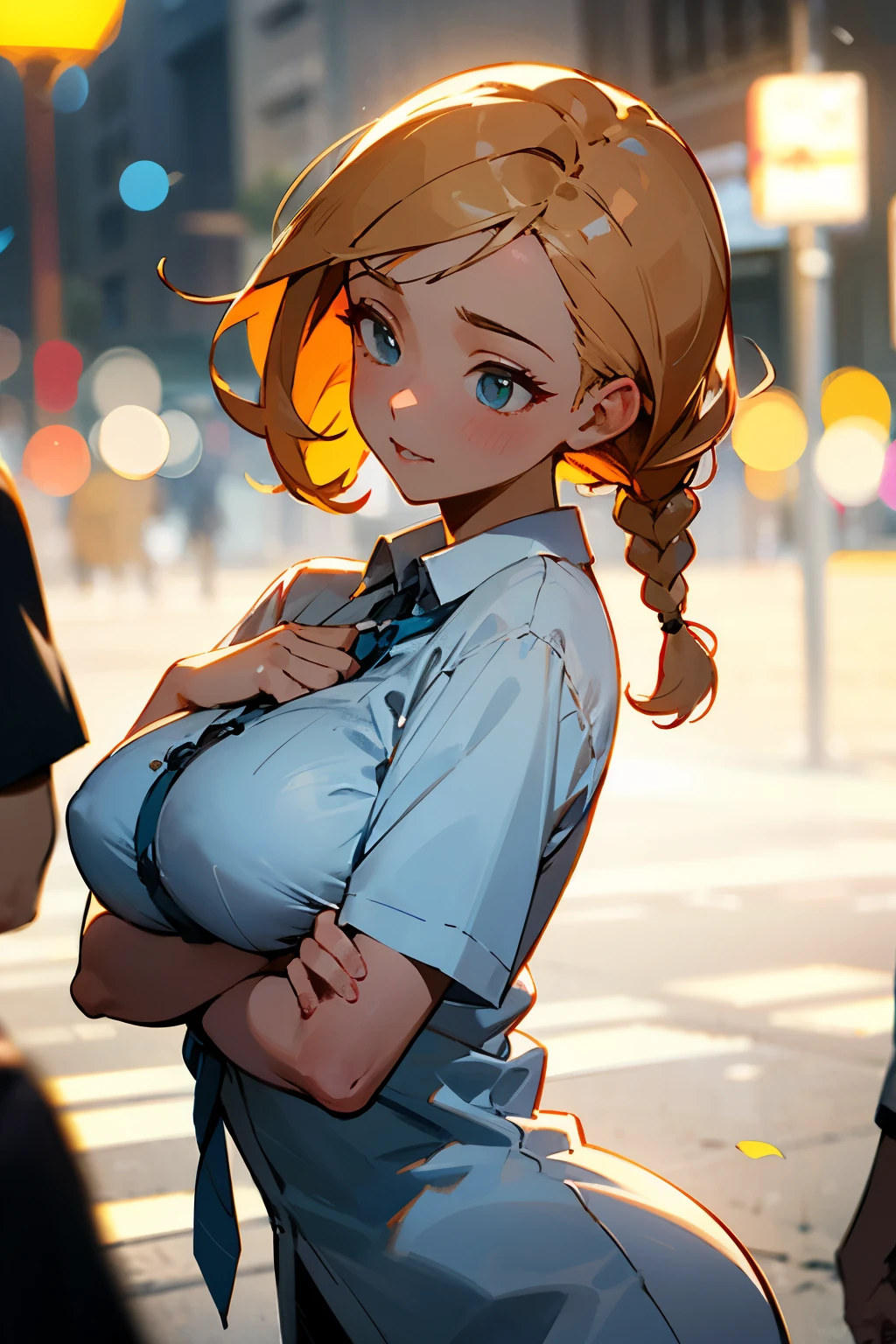 Best quality at best, realisticlying, 1个Giant Breast Girl, maam,(Dentate skin), middlebreast, (bright), (profesional lighting, bokeh), (the street), people, crowd of, Braided bangs, (Women's shirts:1.5), (dressed in:0.8), a gorgeous, full bloom, Fluttering, (dynamicposes:0.6) , gentlesoftlighting, <LowRa:trabalhado_v1.4:0.65,nude
