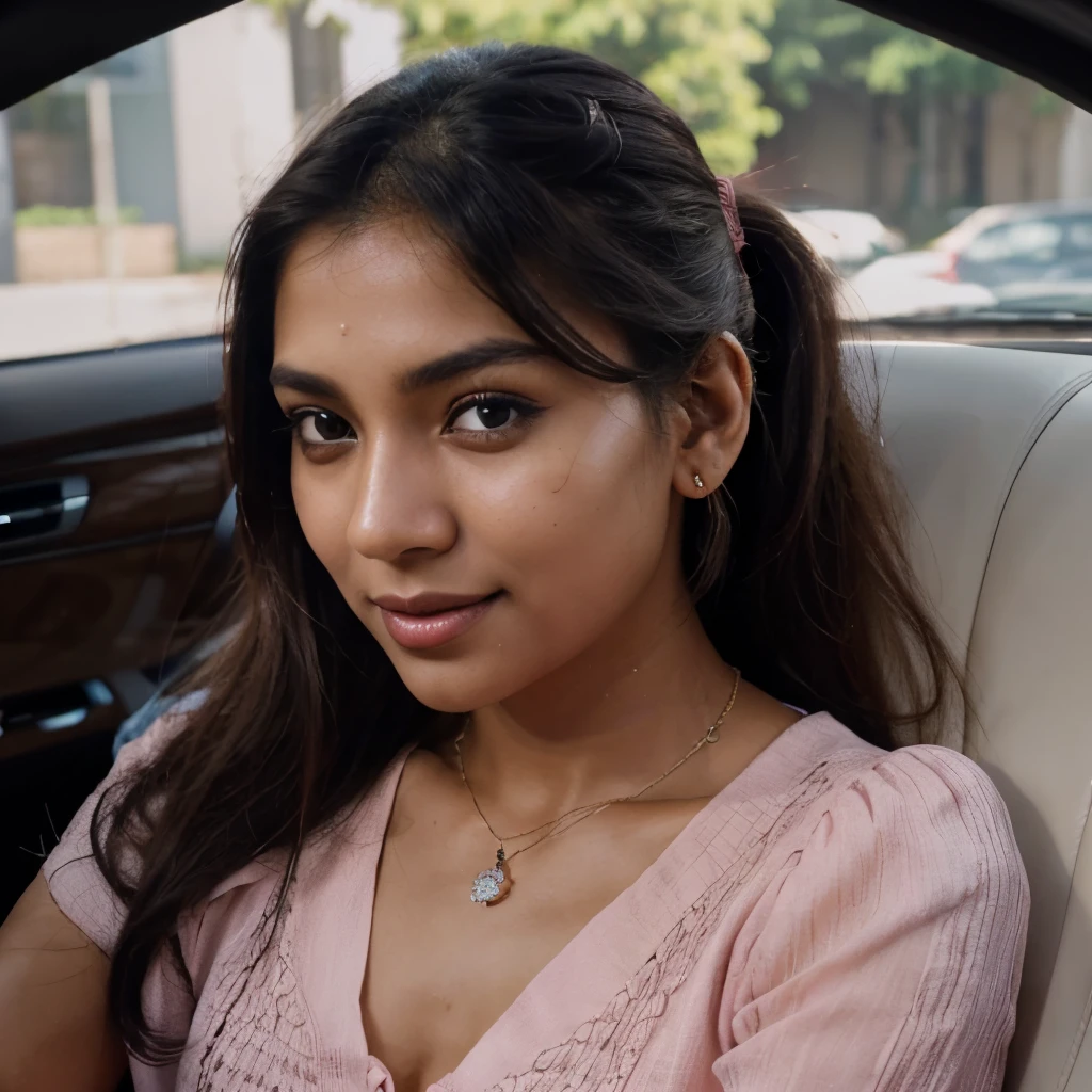 ((self-taken close up photo)), natural colors, ((selfie photo)), of a 22-year-old Sri Lankan woman named Kasuni, (dark long ponytail hair), dark fair skin, black eyes, feminine features, iPhone, mobile quality, mobile focus, tack smooth, Instagram filter, TikTok filter, detailed face, detailed eyes, oiled skin, profile picture, smiling, ((sitting on a luxury car seat )), ((pink dress, ladies jewelry)), natural lighting.
