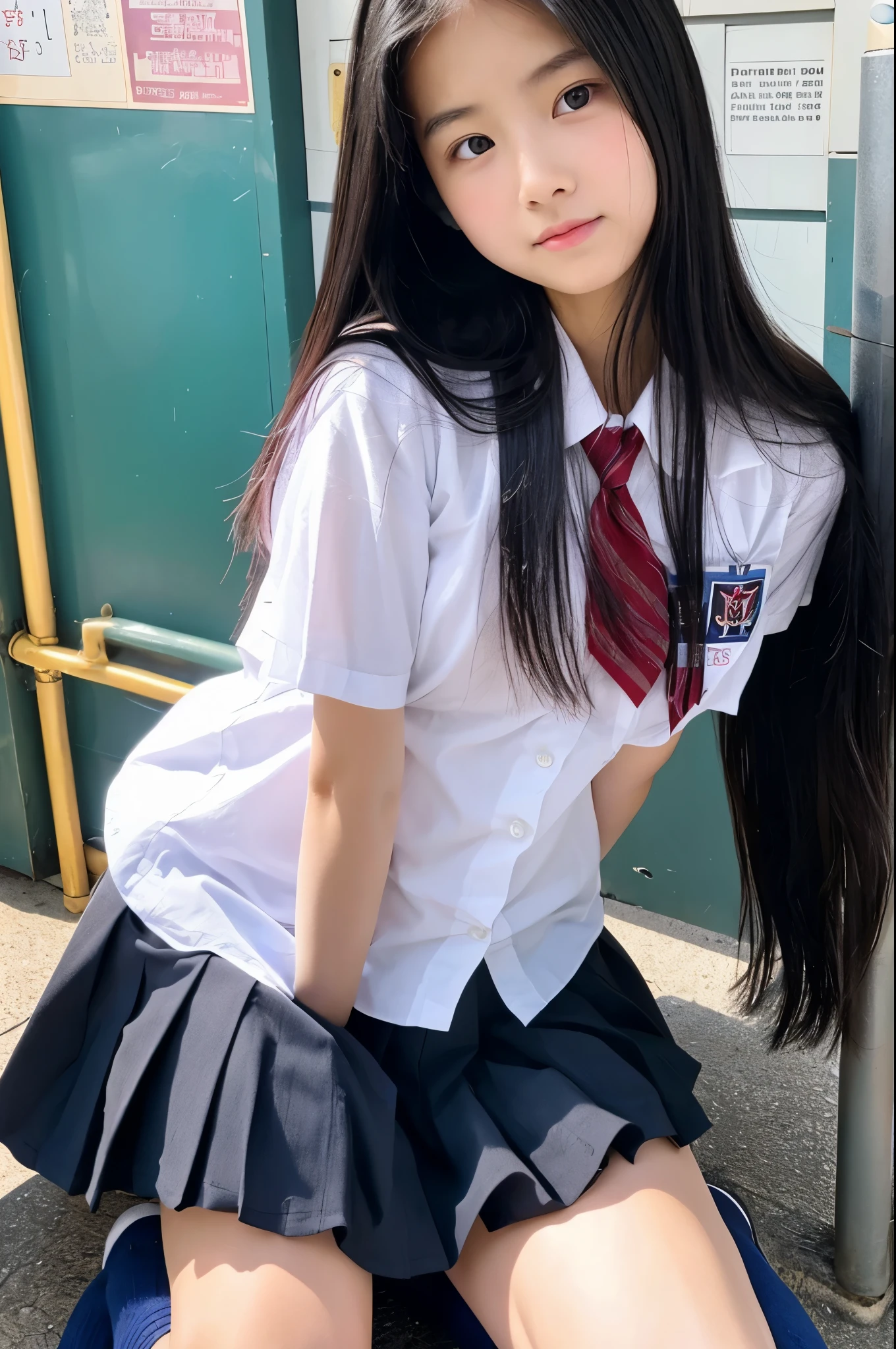 Standing、a beauty girl、unclear、Long black hair、a baby face、huge tit、knee sox、hi-school girl