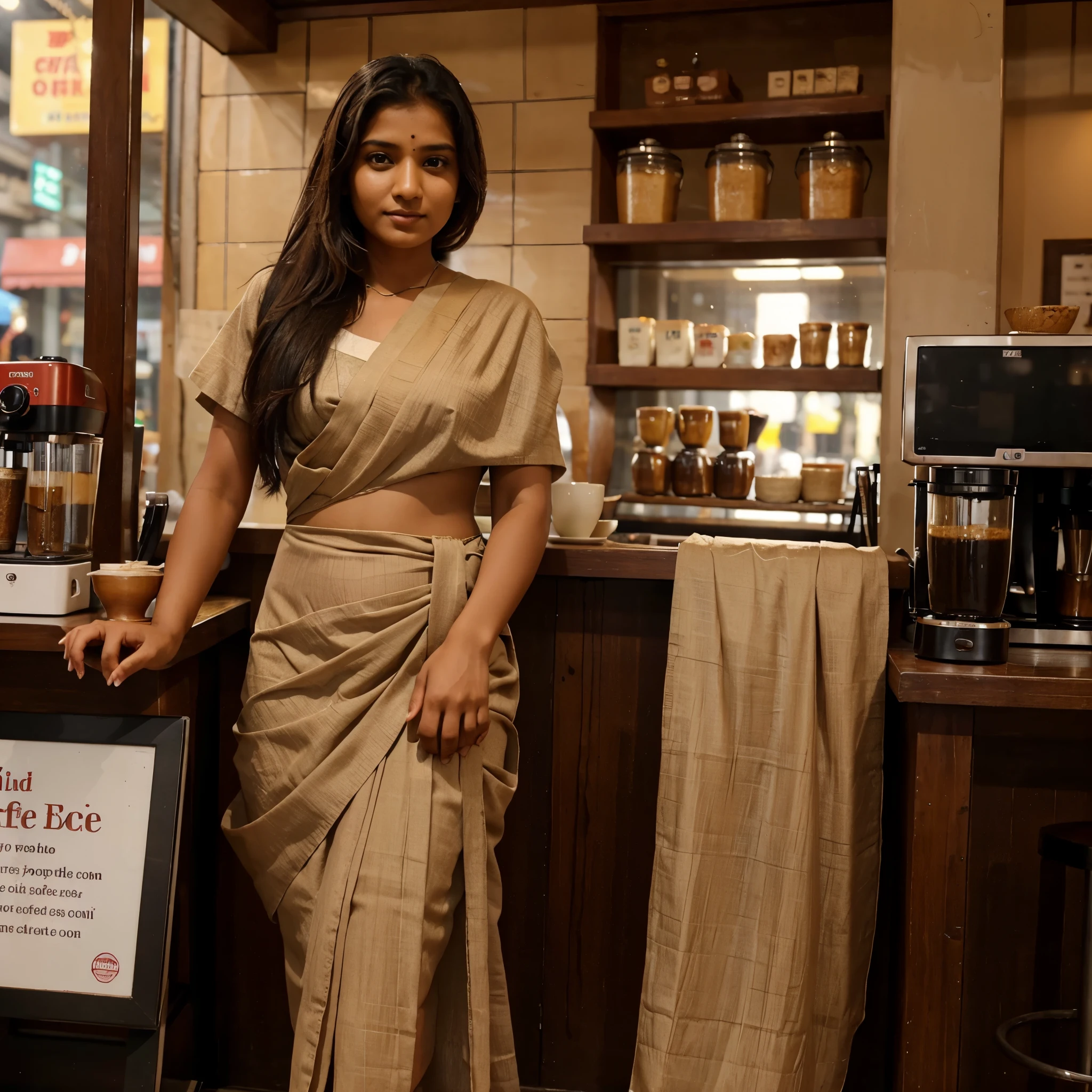 female coffee shop worker Indian girl's style face in A brown saree dress stands and sells coffee. The morning atmosphere is refreshing. There's only you, there's no one else.
