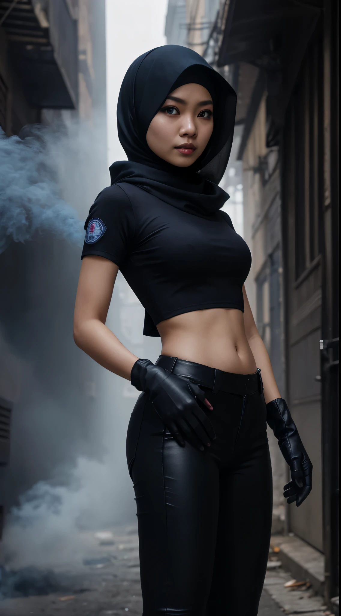 masutepiece, Best Quality, hight resolution, 1 malay girl in, Solo, hijab, Blue eyes, Black Gloves, sexy  Police Uniform, black tight pants, Short sleeves, Cowboy Shot, dark alley background, a lot of smoke in background, horror scene