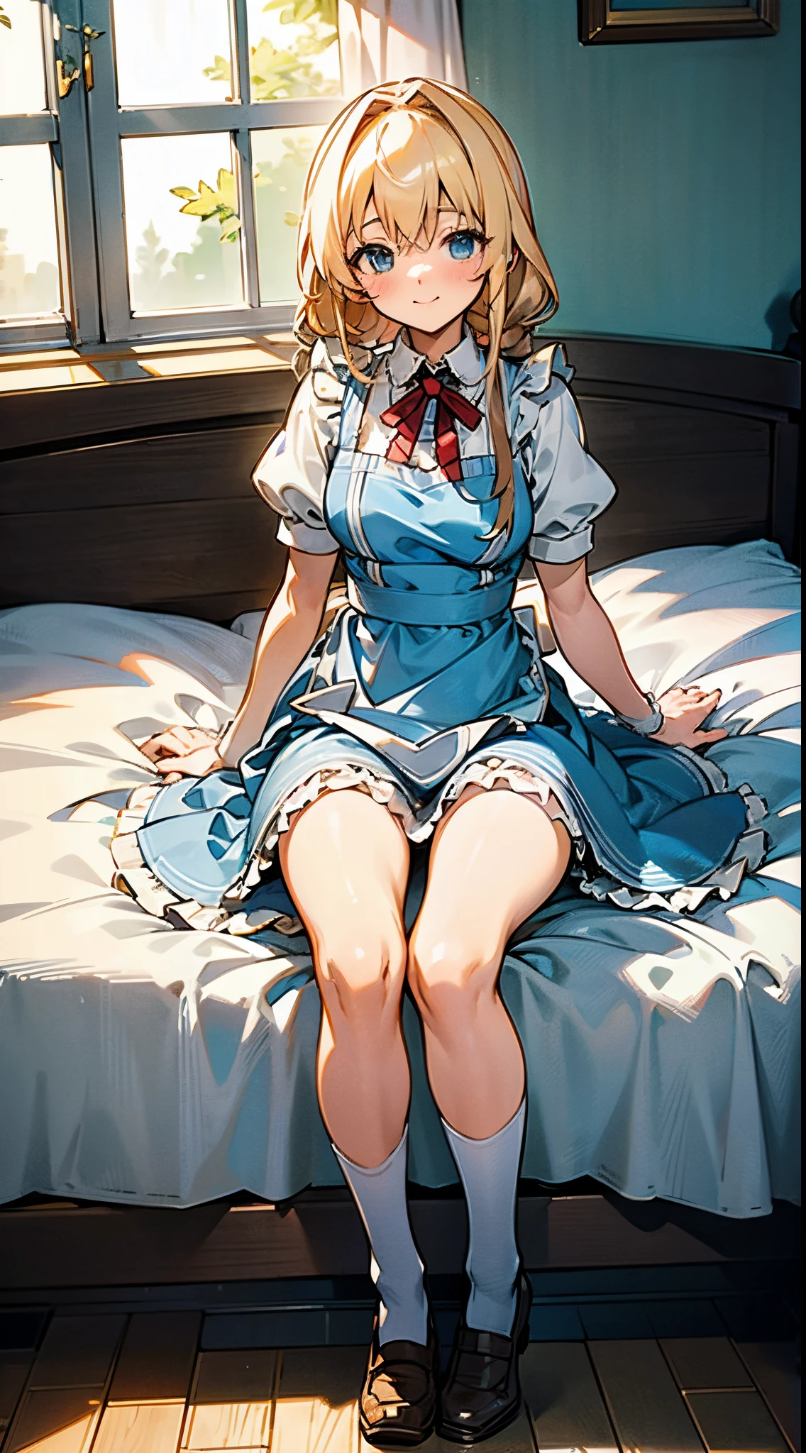 anime styled, The ultra -The high-definition, alice in the wonderland, Super cute girl, a blond, Long, shame, A sweet inviting smile, Light blue fluttering short dress, frilldの付いた白いエプロンスカートを重ねる, frilld, B-cup breasts, Light blue fluttering mini skirt, The socks are long white knee-high socks that go from the toes to mid-thigh., and draw the full body, Inside an old Western-style building, absurd worldview, window where bright sunlight shines through, Her clothes are a little disarrayed and her breasts are exposed., Pee, お漏らししてPeeが股から出て太ももを伝ってチョロチョロと細く流れている, Lie down on the bed, Free Pose